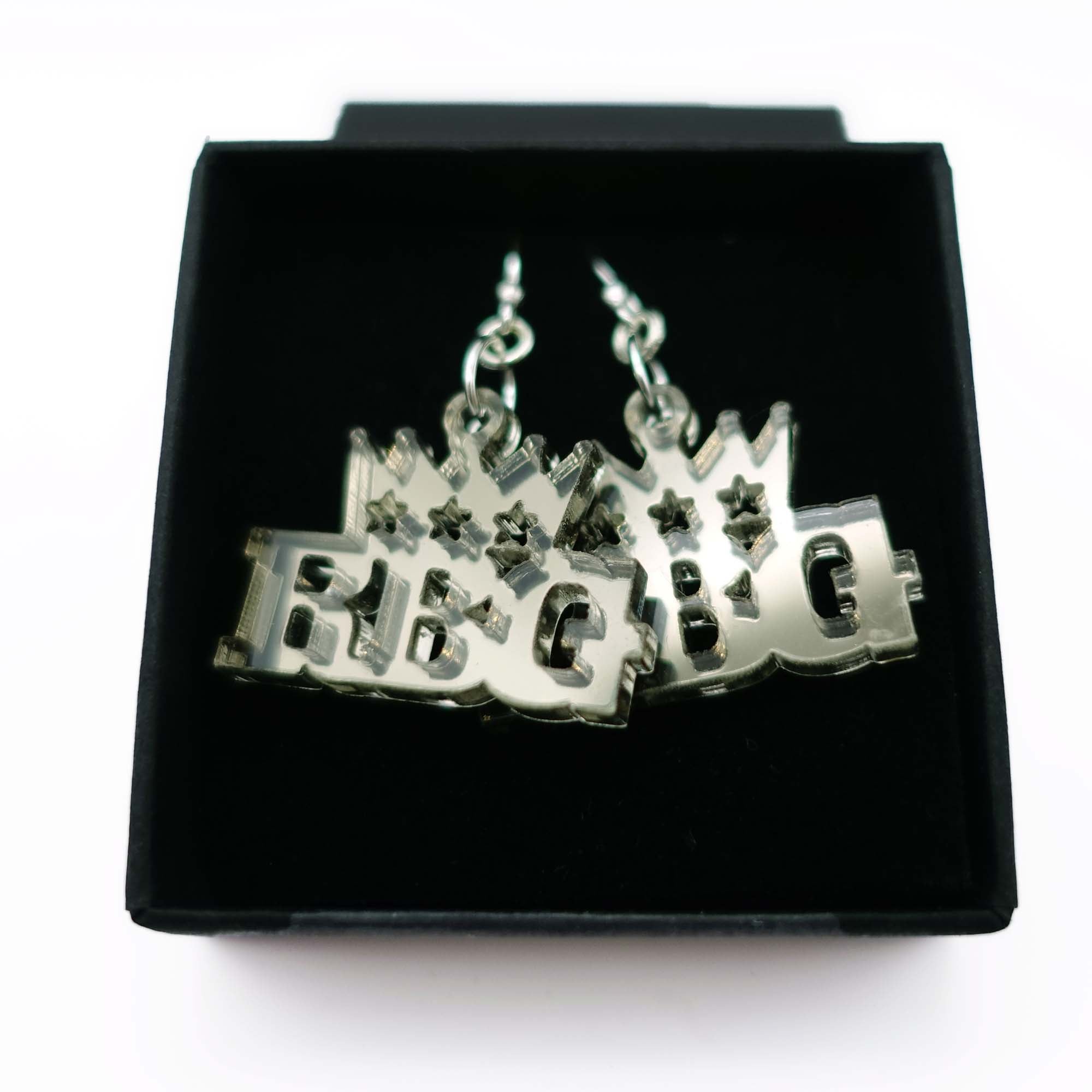 RBG earrings in honour of Ruth Bader Ginsburg. Designed by Sarah Day for Wear and Resist. I dissent.