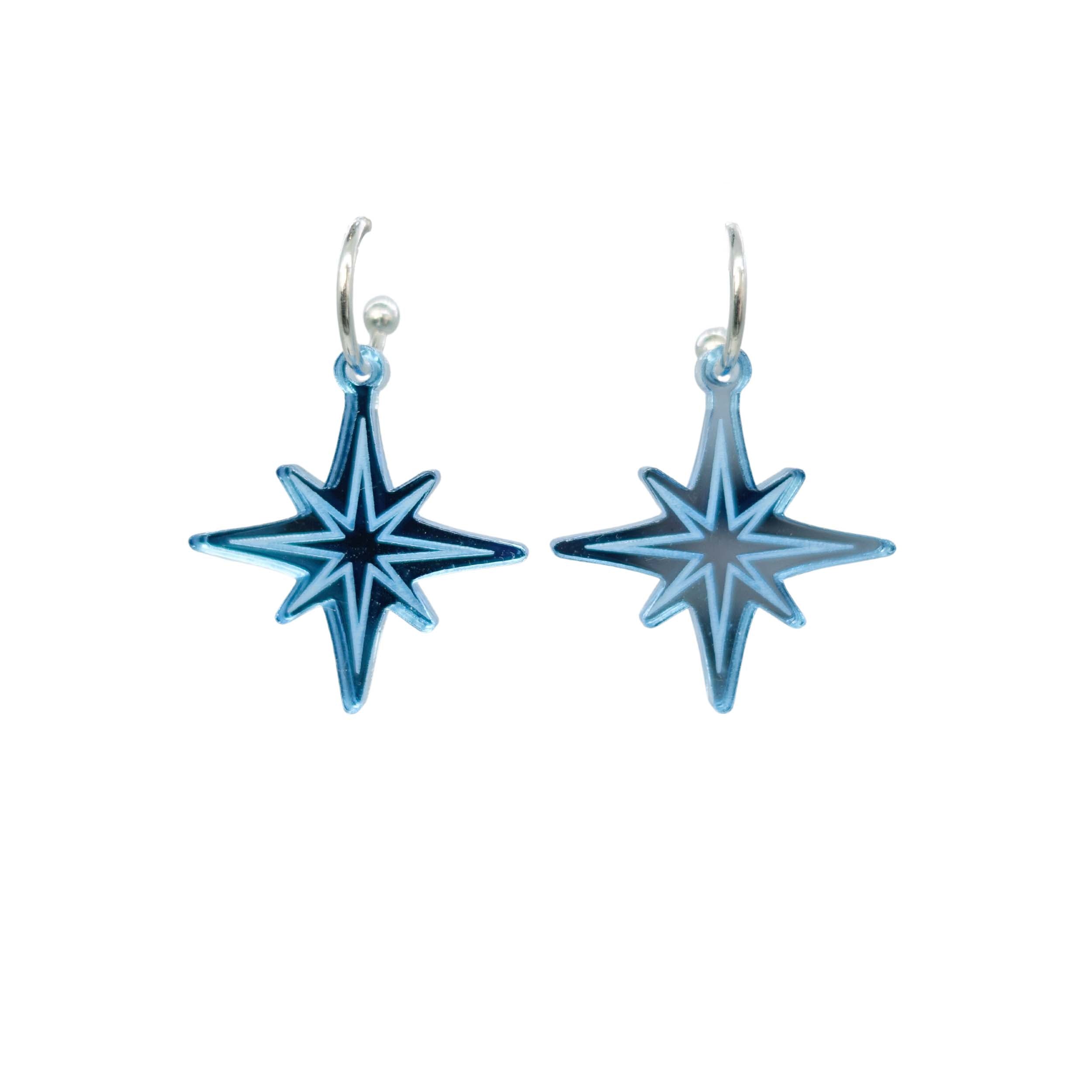 Etched vintage star earrings in sky mirror from the Bronte Collection. Shown against a white background.