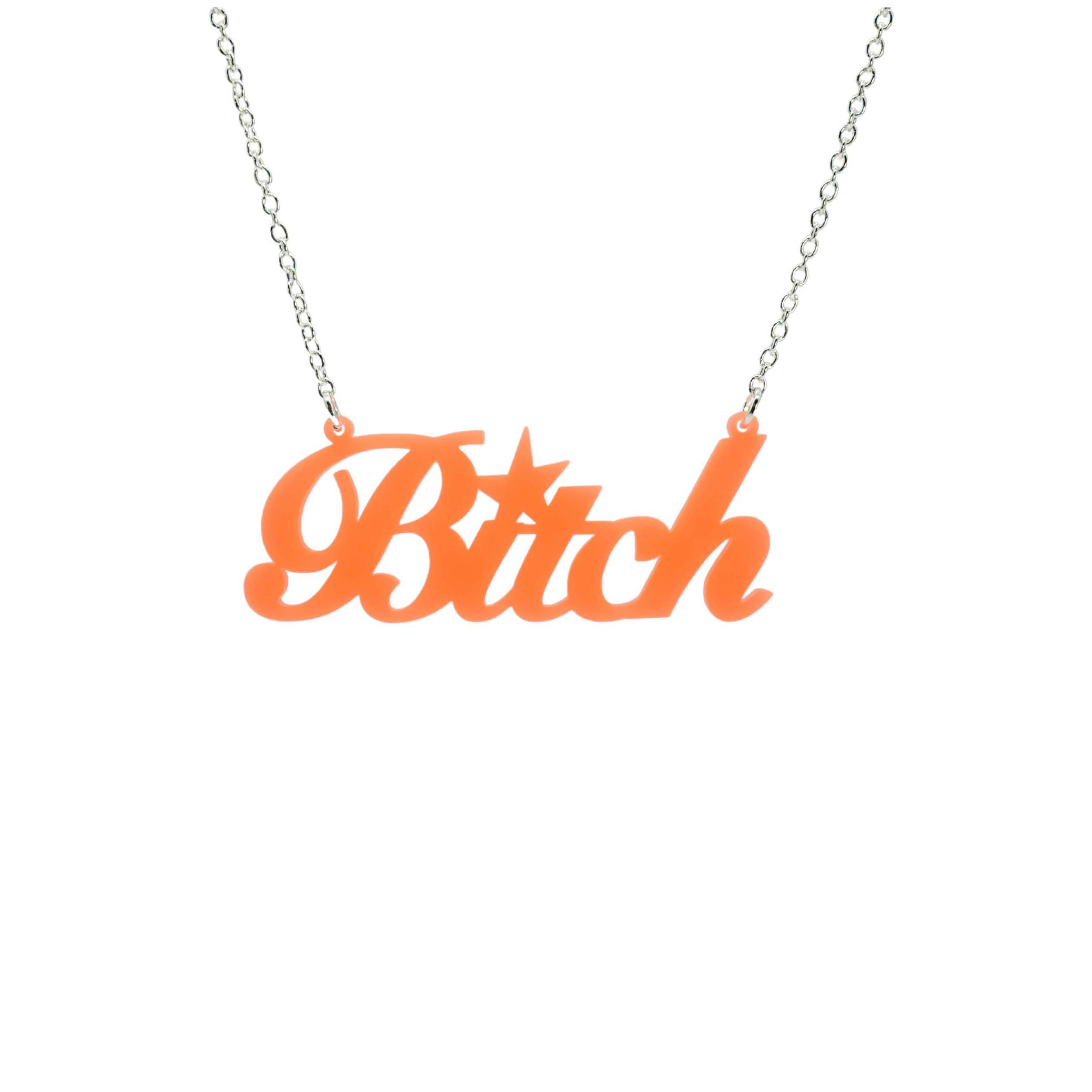B*tch necklace in day-glo orange shown hanging against a white background. £2 goes to Bloody Good Period.