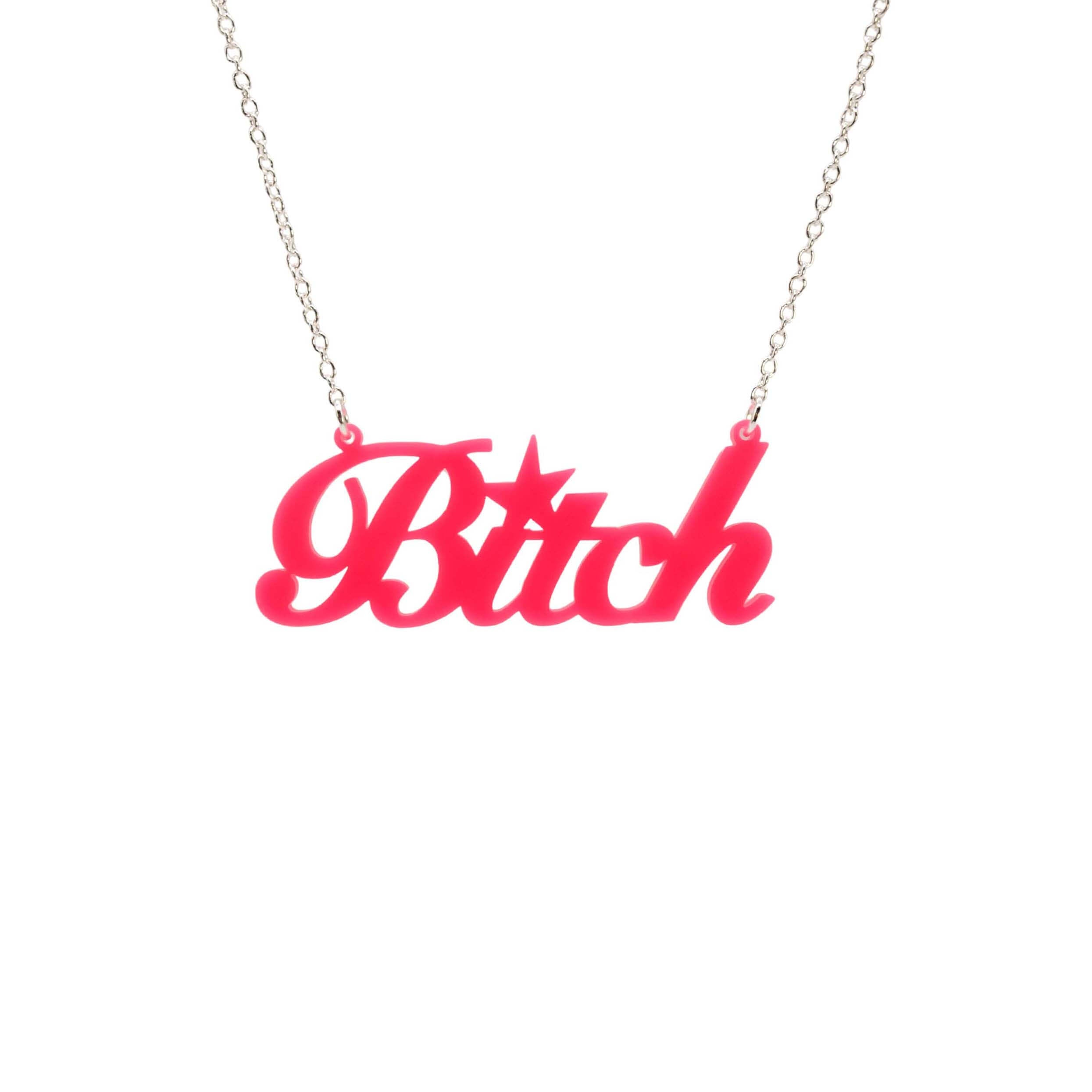 B*tch necklace in hot pink shown hanging against a white background. £2 goes to Bloody Good Period.