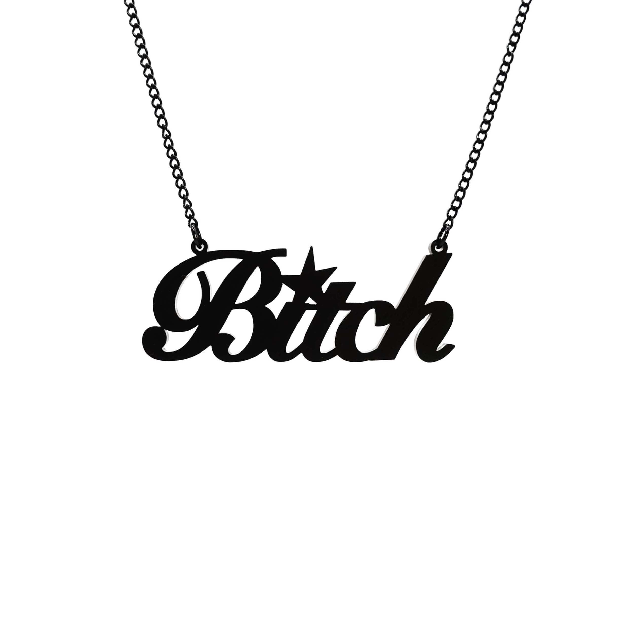 B*tch necklace in matte black shown hanging against a white background. £2 goes to Bloody Good Period.