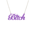B*tch necklace in Parma violet shown hanging against a white background. £2 goes to Bloody Good Period.