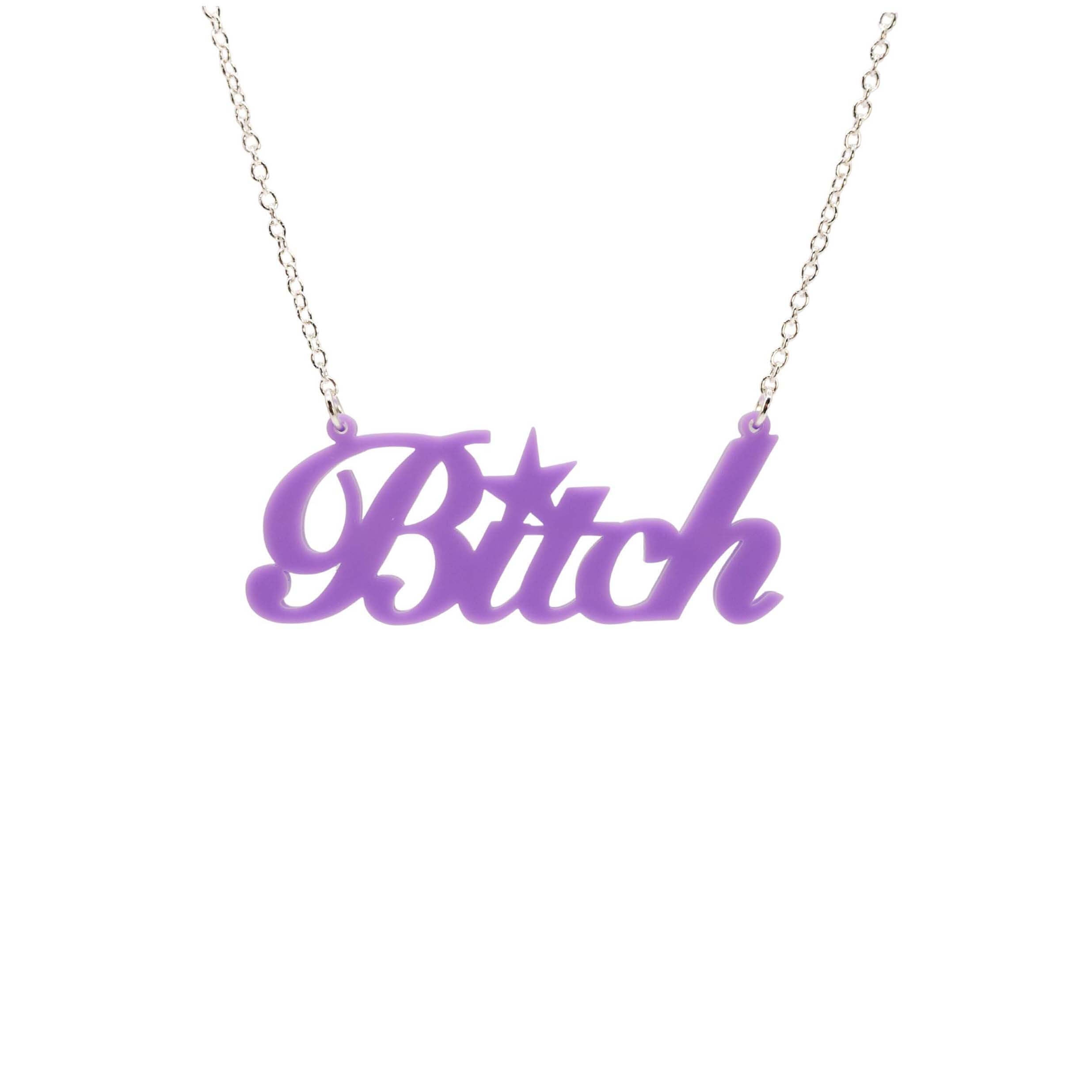 B*tch necklace in Parma violet shown hanging against a white background. £2 goes to Bloody Good Period.