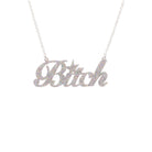B*tch necklace in silver glitter shown hanging against a white background. £2 goes to Bloody Good Period.