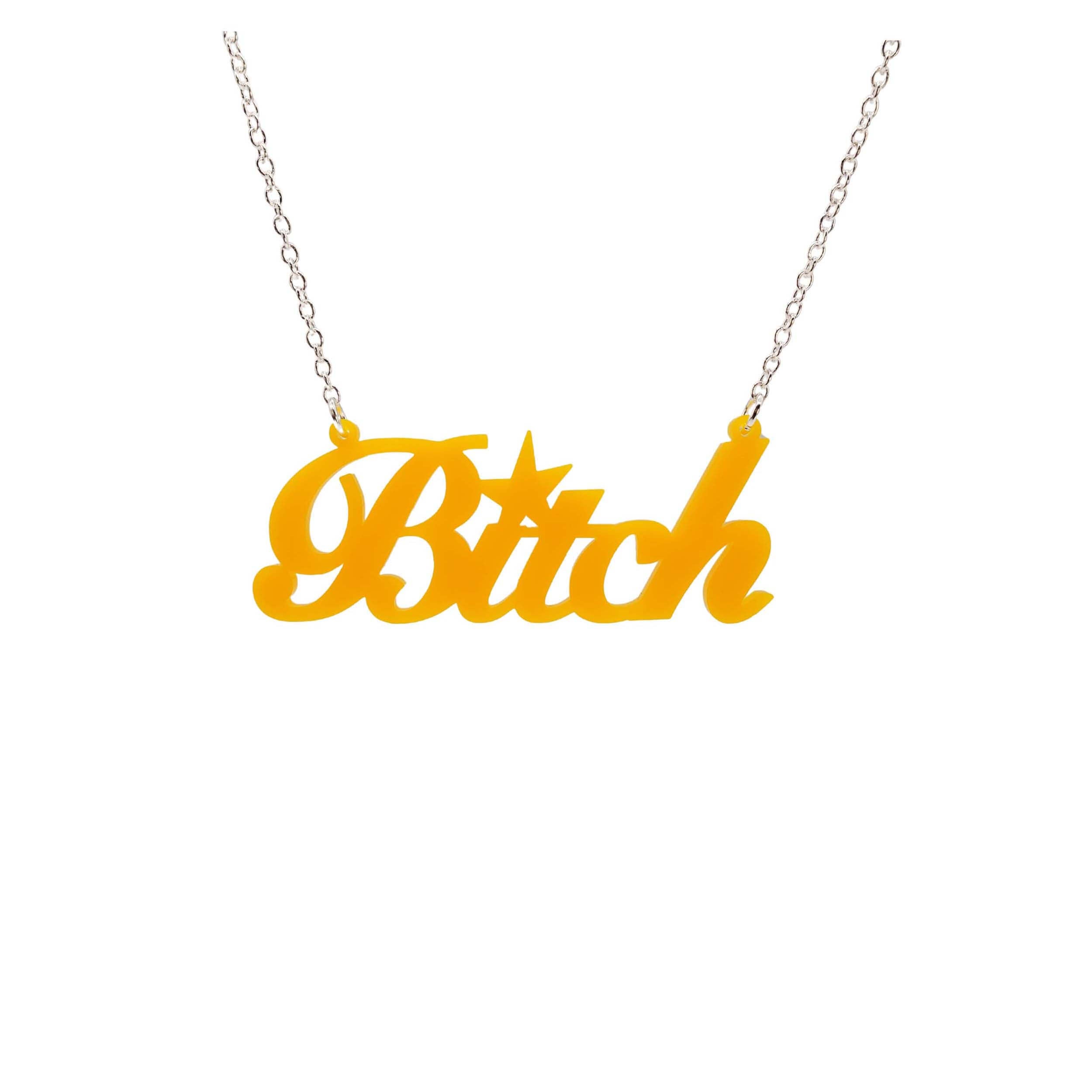 B*tch necklace in sunflower yellow shown hanging against a white background. £2 goes to Bloody Good Period.