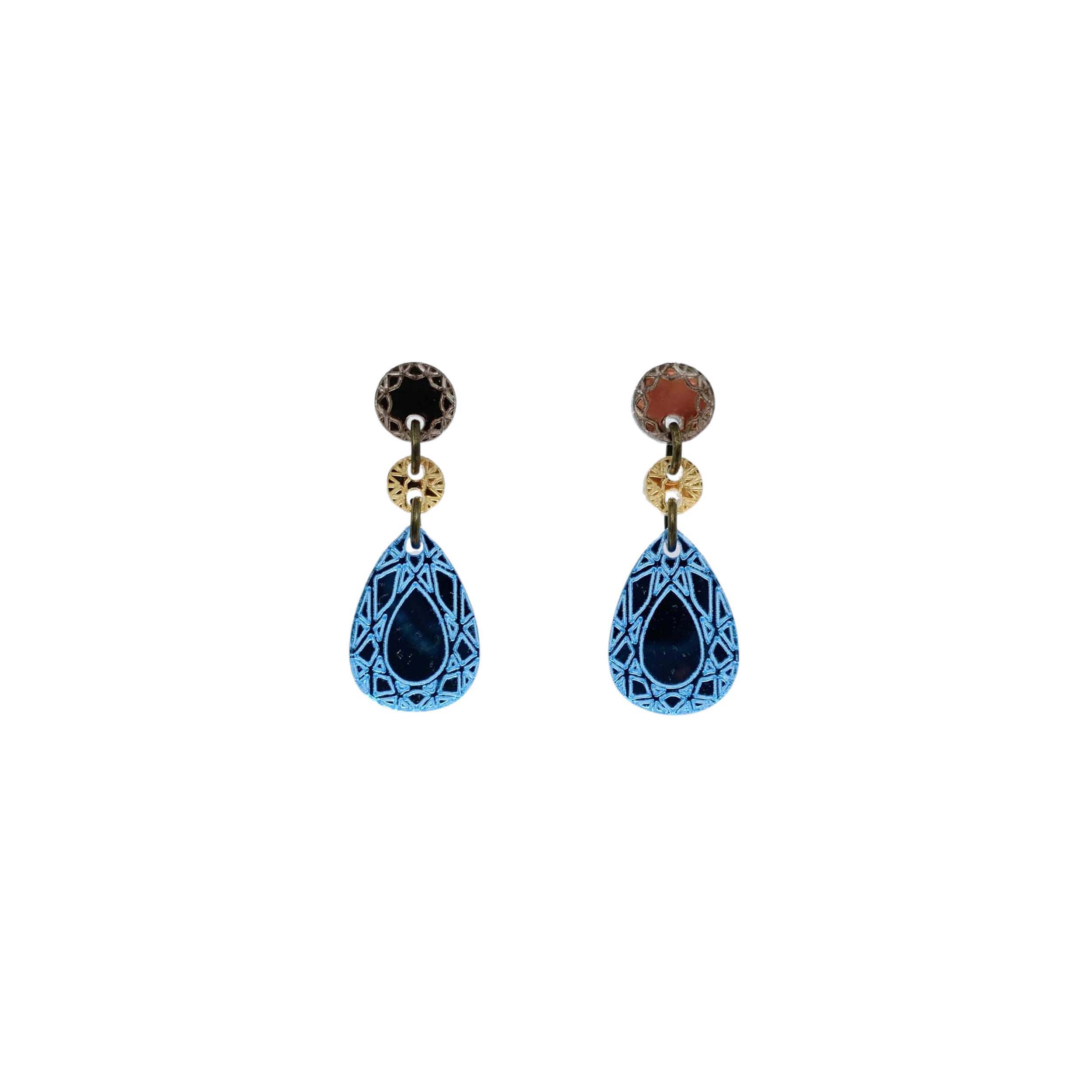 Belle Époque french drop earrings in sky blue mirror. These earrings are part of the Austerity Jewels Paris-inspired collection designed by Sarah Day for Wear and Resist. 