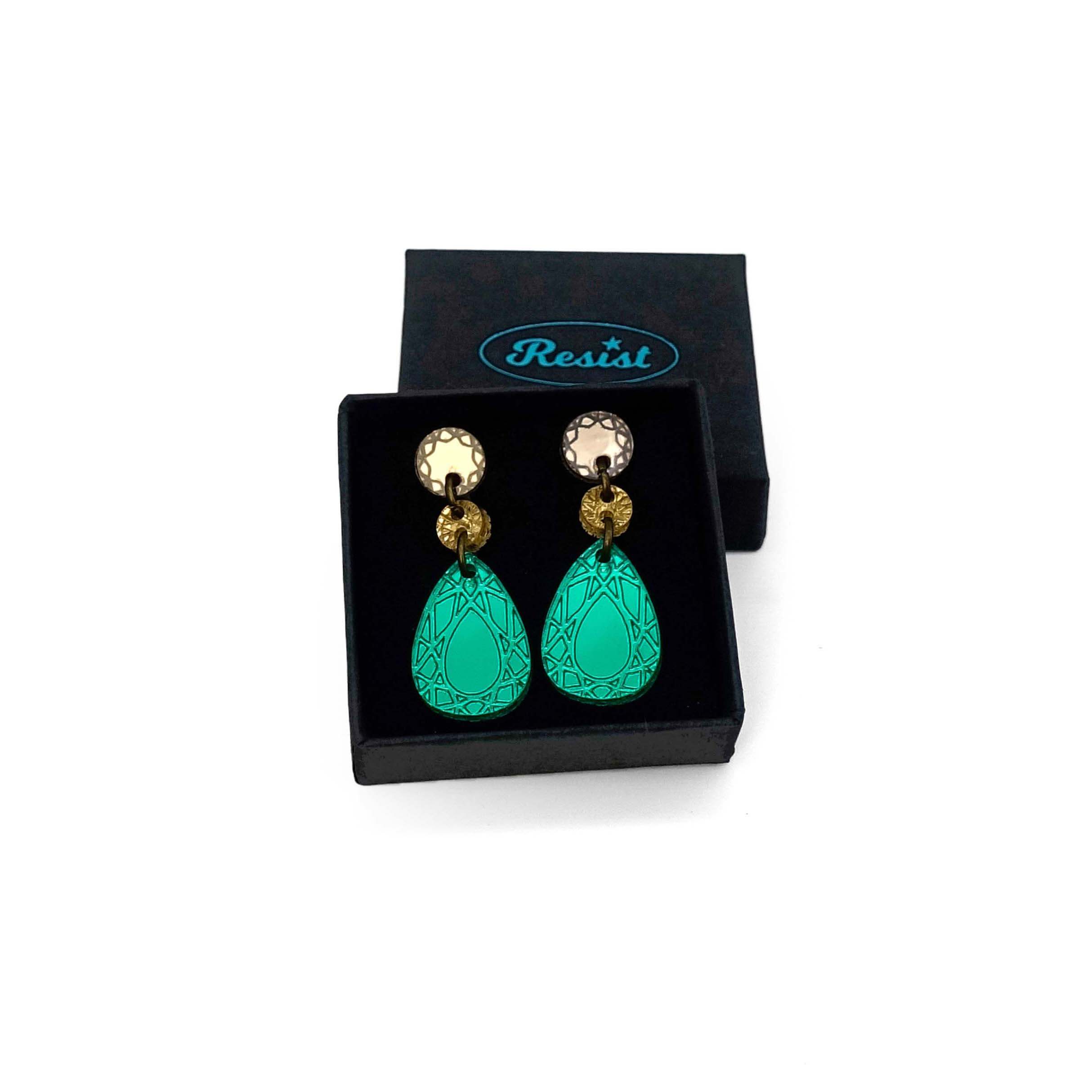 Small Belle Époque french drop earrings in electric green. Shown in a small Wear and Resist gift box.