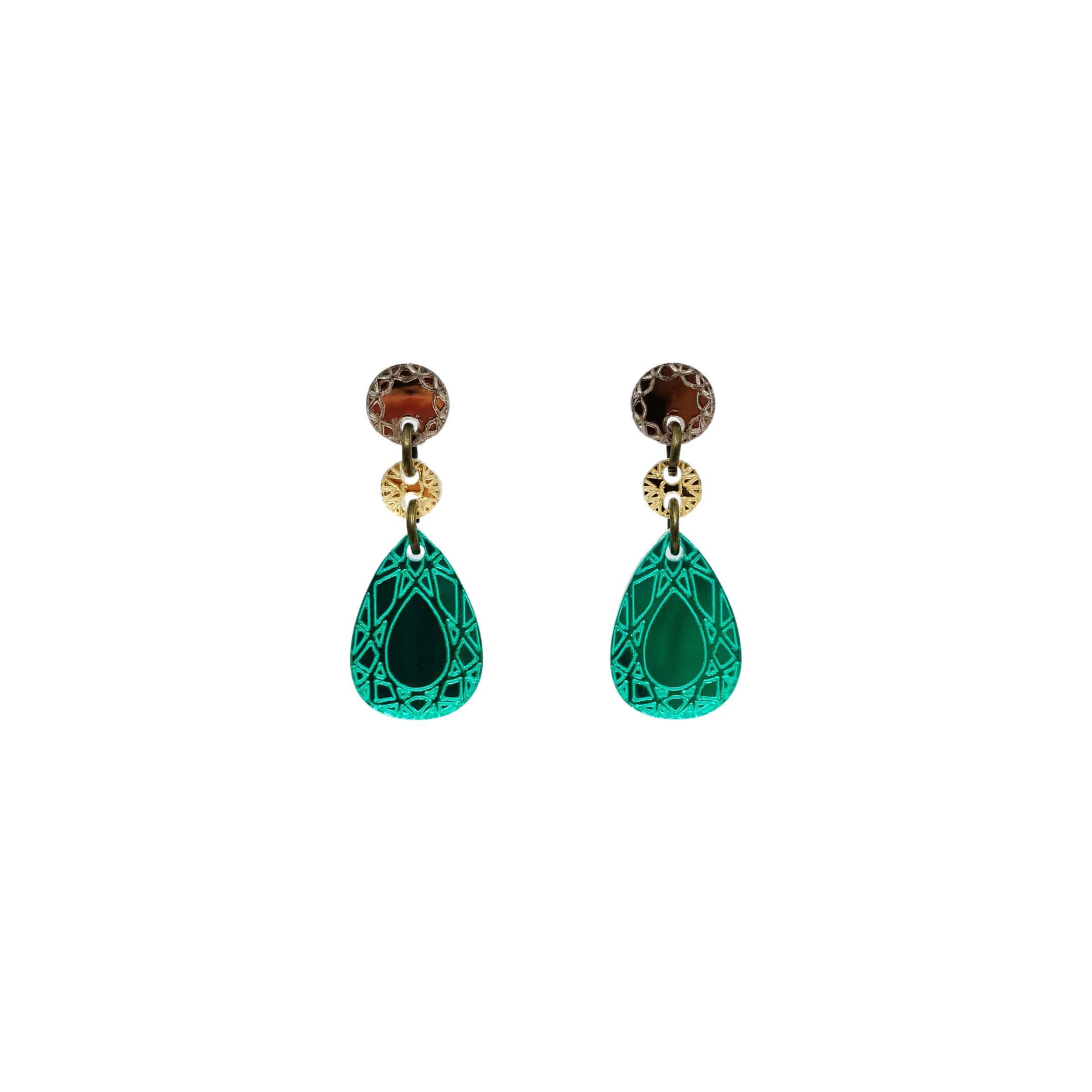 Belle Époque french drop earrings in electric green. These earrings are part of the Austerity Jewels Paris-inspired collection designed by Sarah Day for Wear and Resist. 