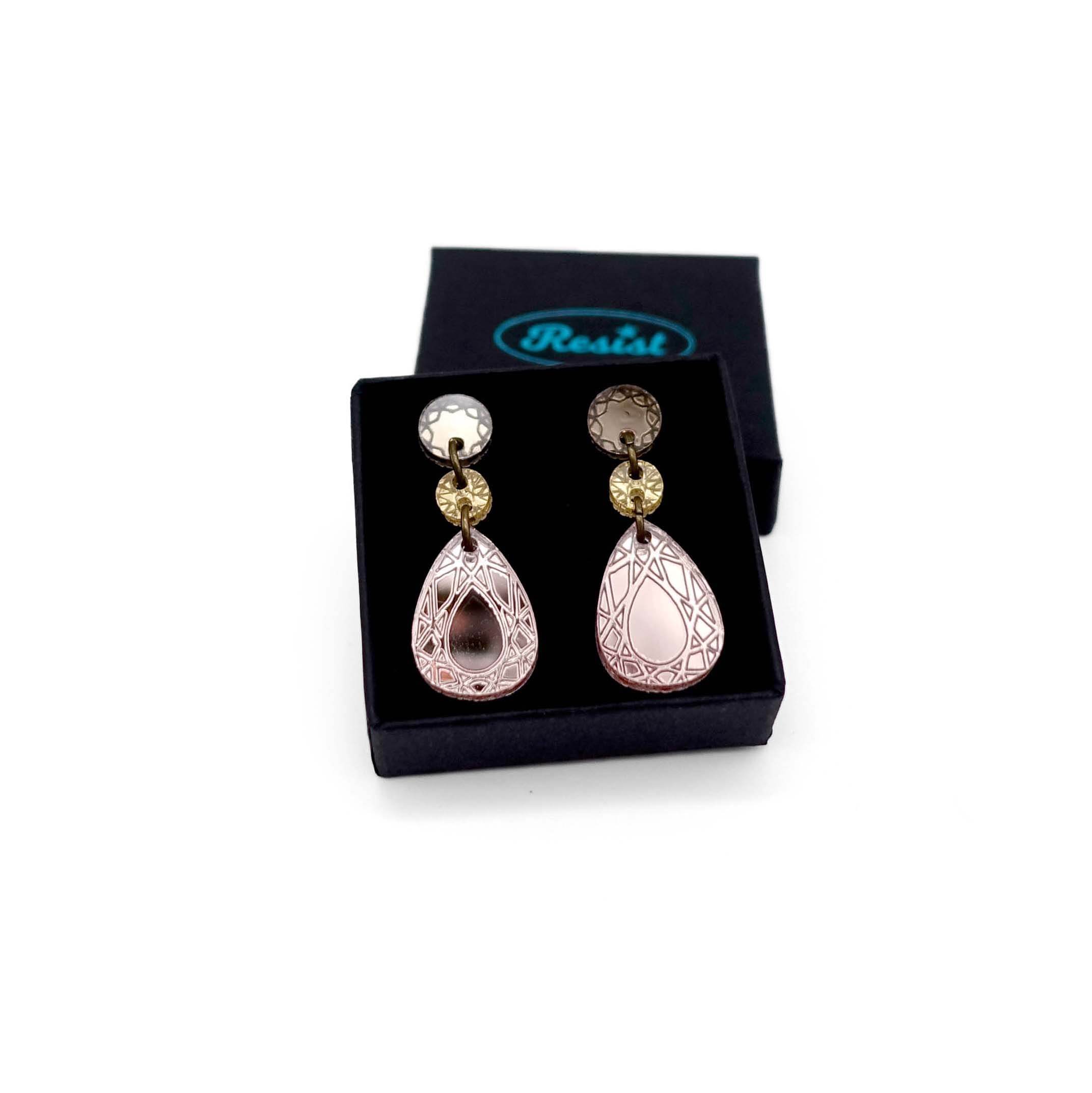 Small Belle Époque french drop earrings in rose gold mirror. Shown in a small Wear and Resist gift box.