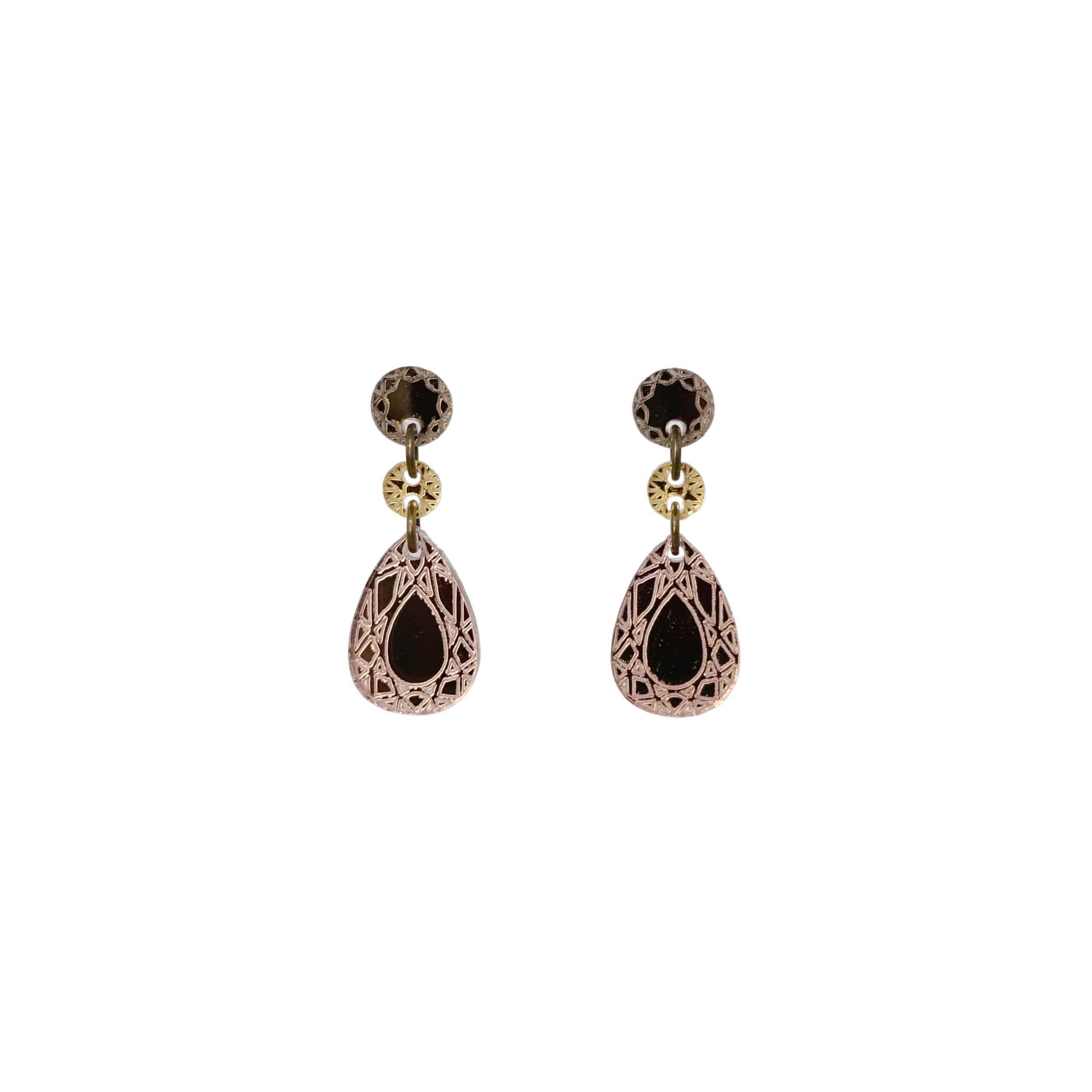 Belle Époque french drop earrings in rose gold mirror. These earrings are part of the Austerity Jewels Paris-inspired collection designed by Sarah Day for Wear and Resist. 