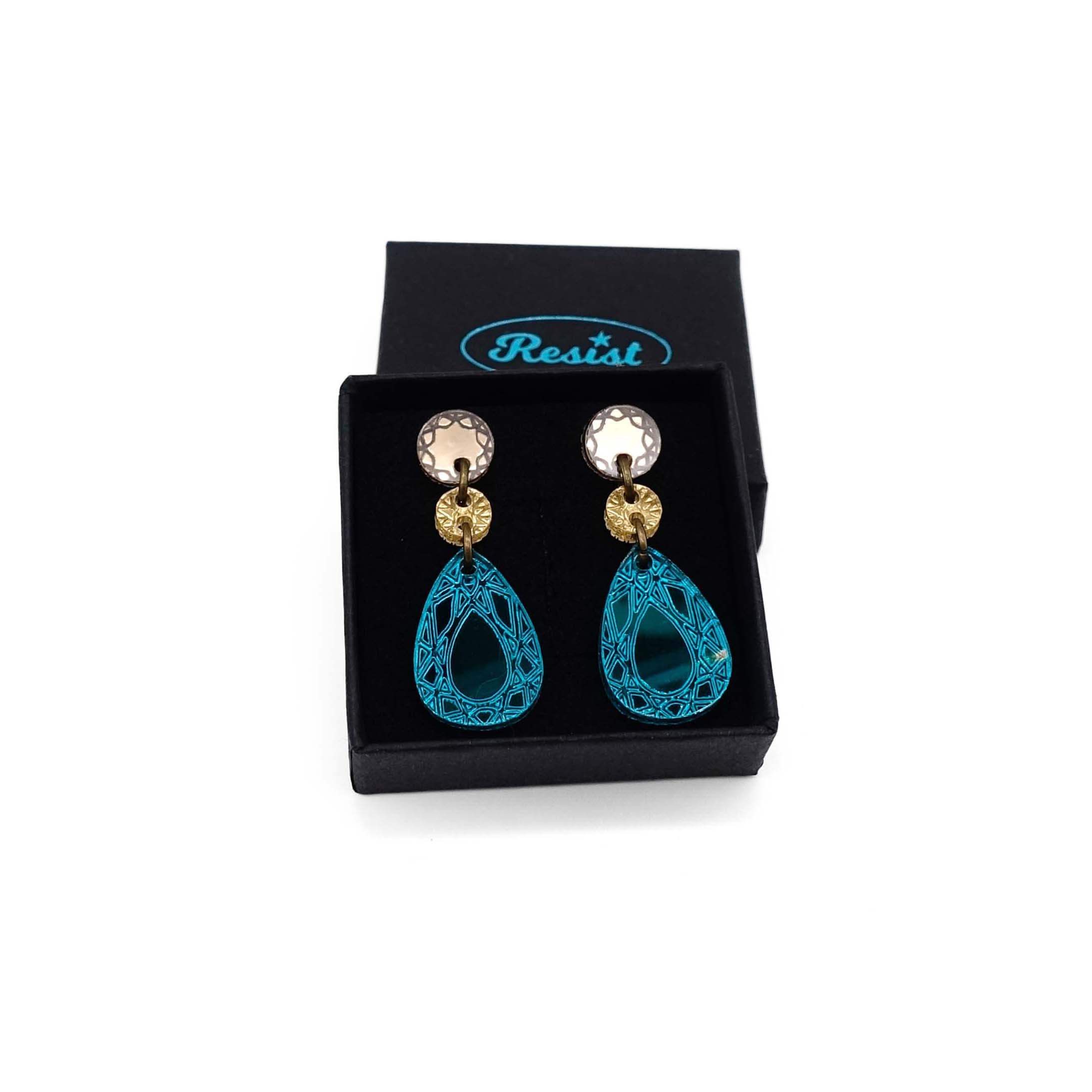 Small Belle Époque french drop earrings in teal mirror, shown in a Wear and Resist gift box.