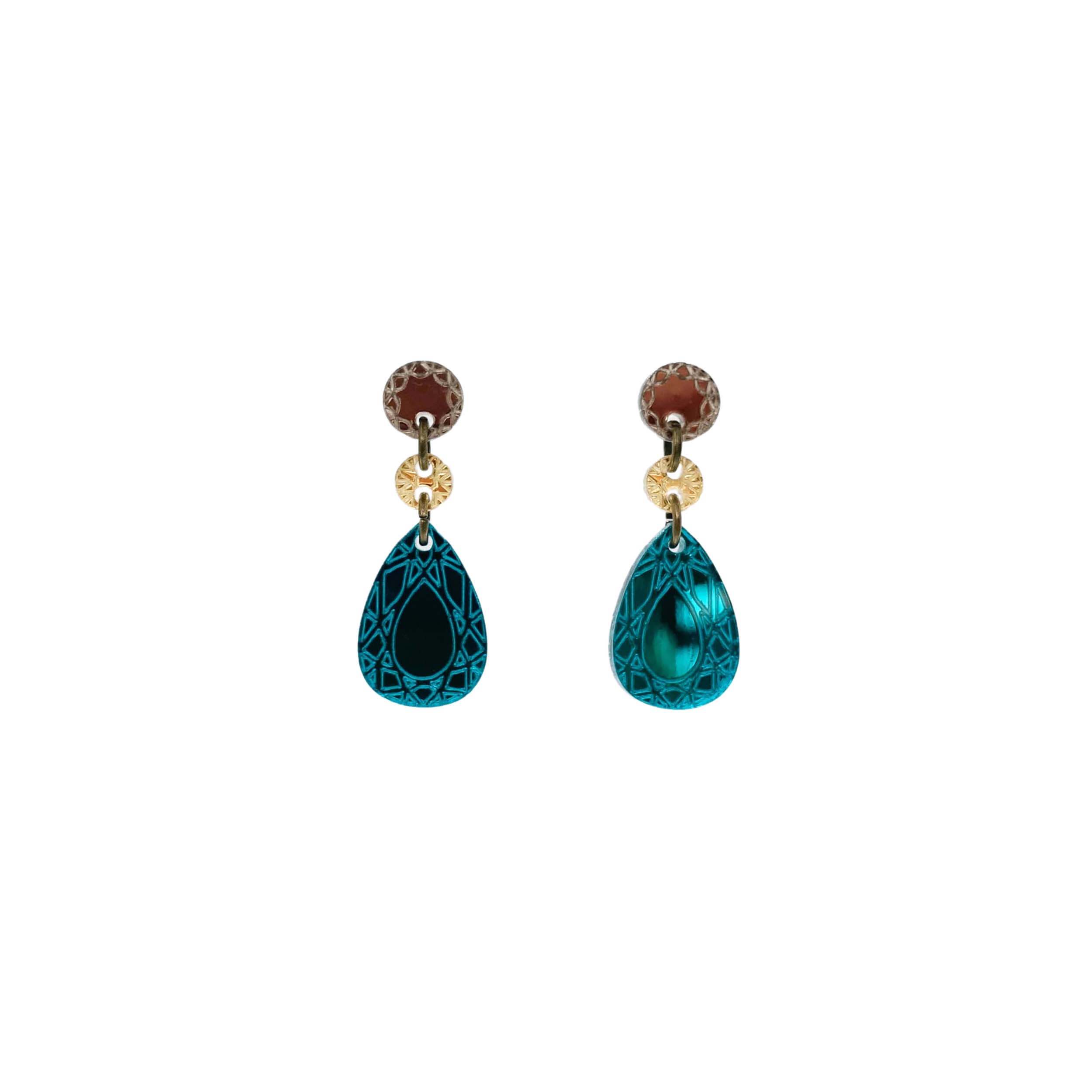 Belle Époque french drop earrings in teal mirror. These earrings are part of the Austerity Jewels Paris-inspired collection designed by Sarah Day for Wear and Resist. 