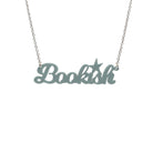 Bookish necklace in duck egg green, shown hanging against a white background.