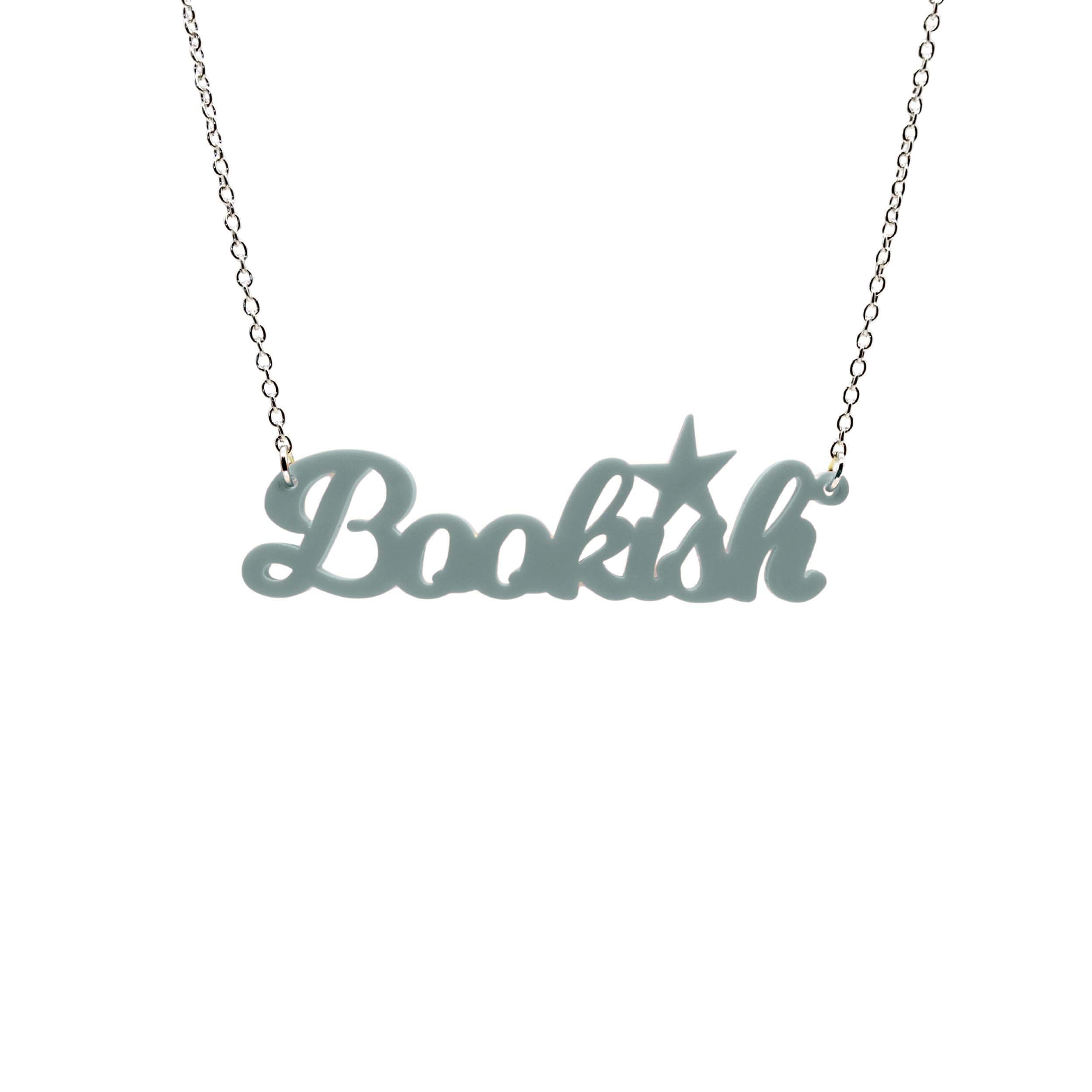 Bookish necklace in duck egg green, shown hanging against a white background.