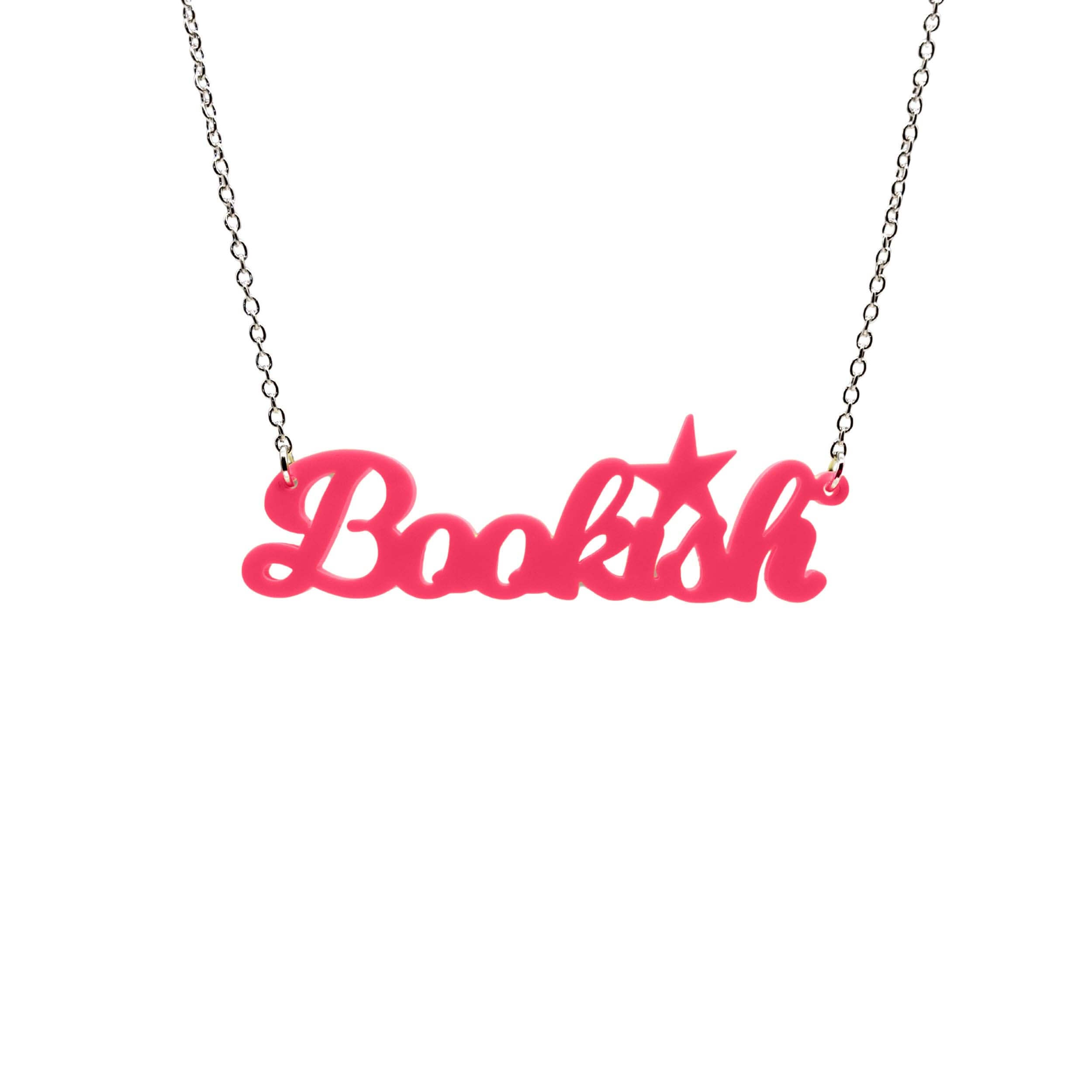 Bookish necklace in hot pink, shown hanging against a white background.