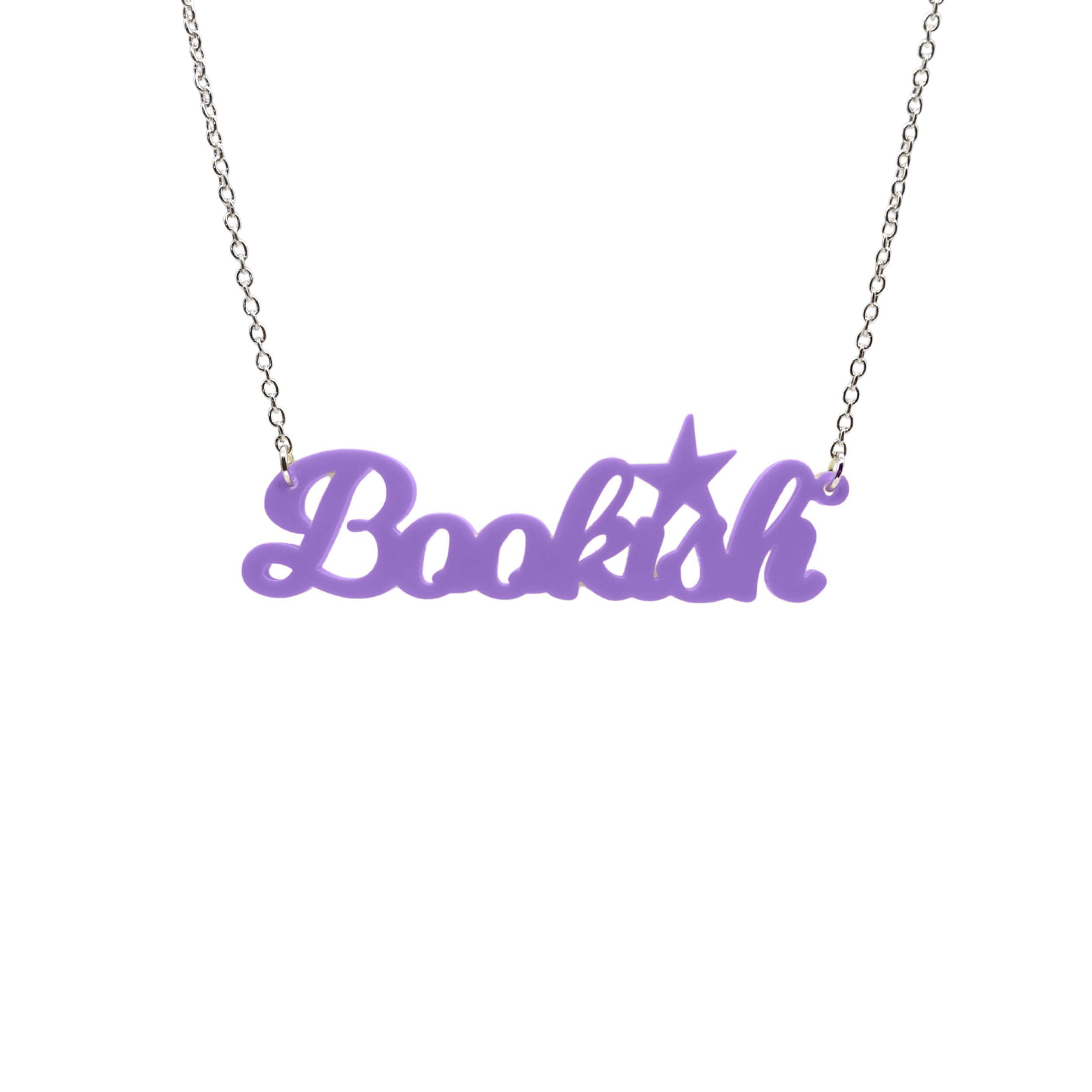 Parma violet Bookish necklace shown against a white background.