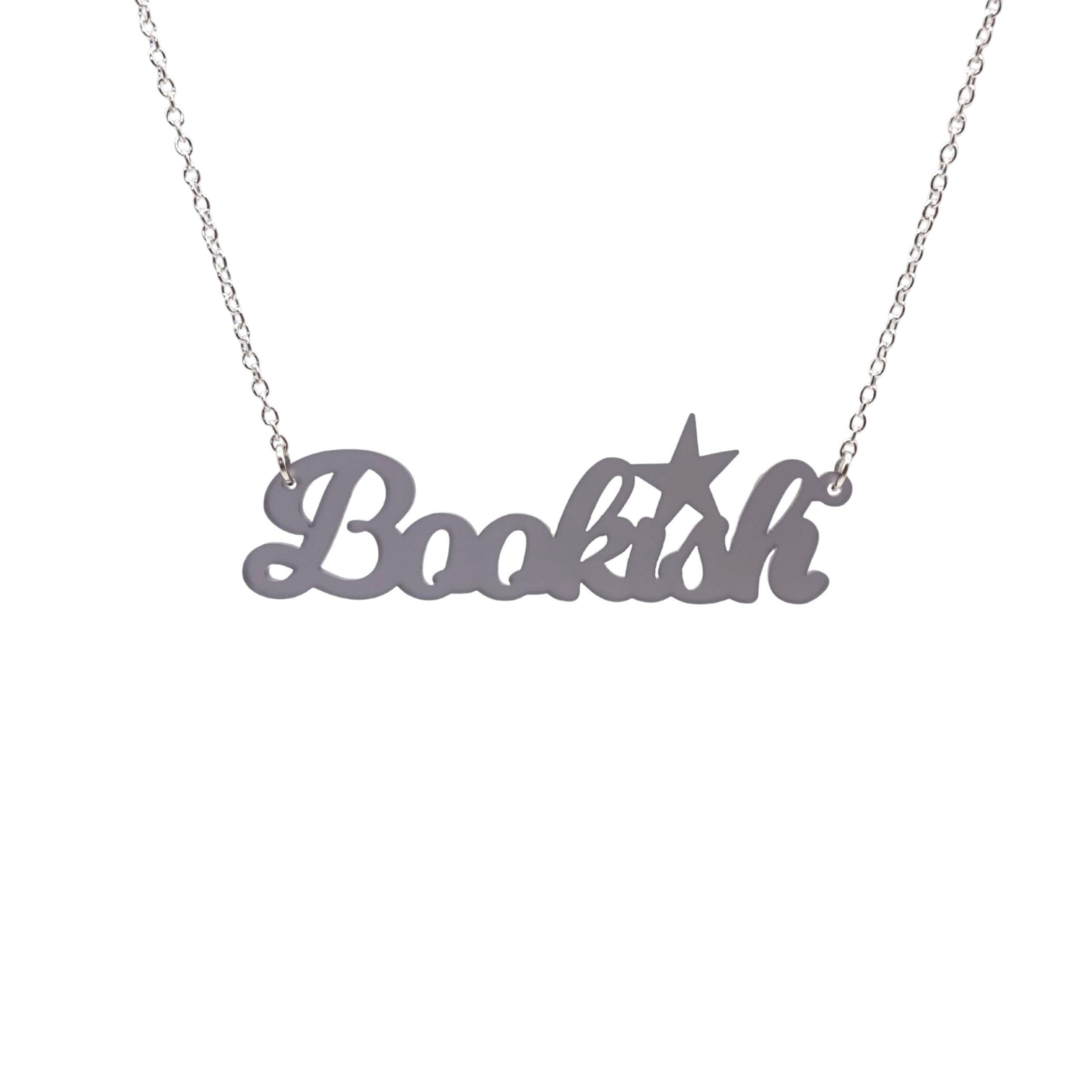 Bookish necklace in slate frost,  shown hanging against a white background.