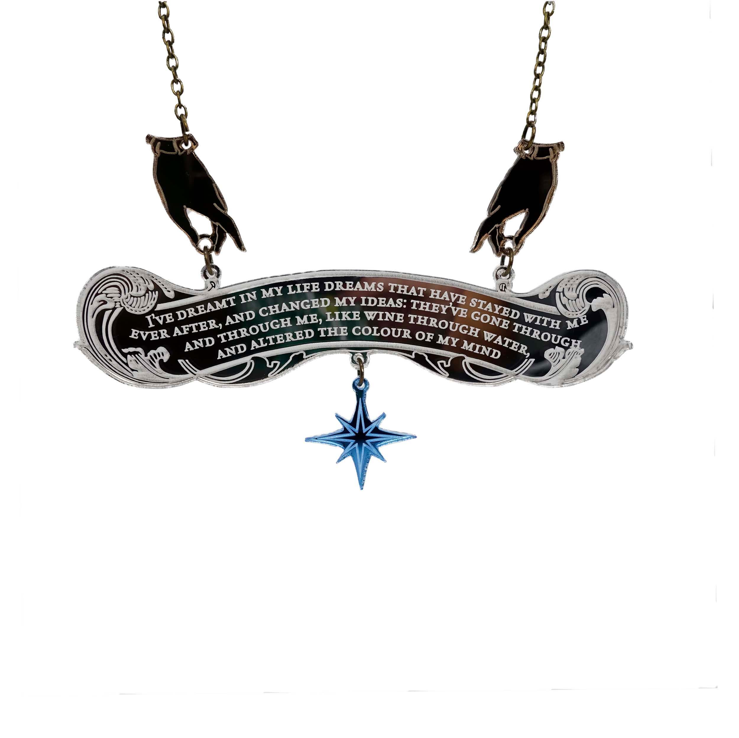 Wuthering Heights Dreams necklace designed by Sarah Day in collaboration with the Brontë Parsonage Museum. Etched on the silver mirror are the words, 'I've dreamt in my life dreams that have stayed with me ever after, and changed my dieas: they've gone through and through me, like wine through water, and altered the colour of my mind' A quote from Catherine Ernshaw in Wuthering Heights by Emily Brontë.