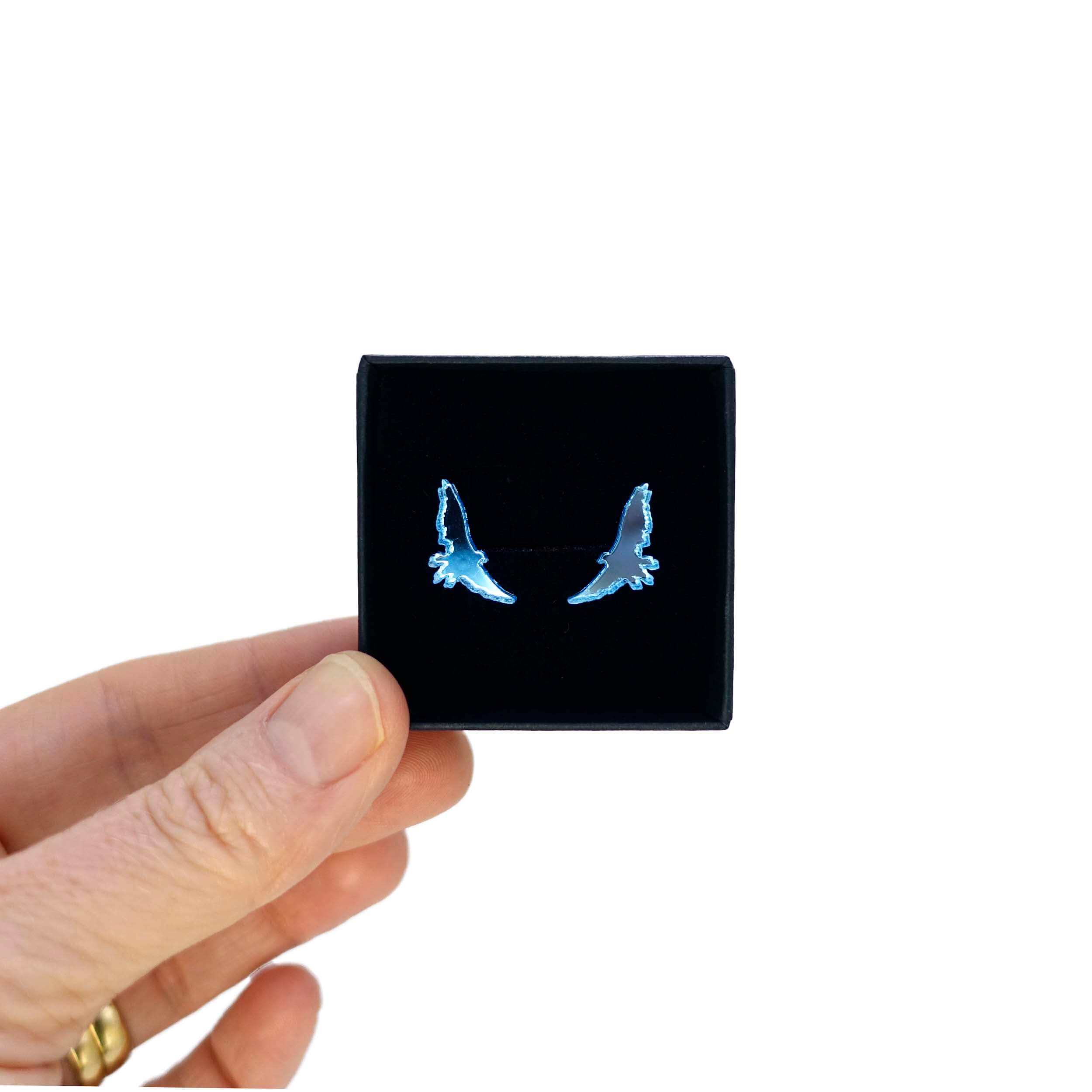 Little sky blue soaring bird stud earrings that complement the jewellery in the the Brontë Collection, designed by Sarah Day in collaboration with the Brontë Parsonage Museum.