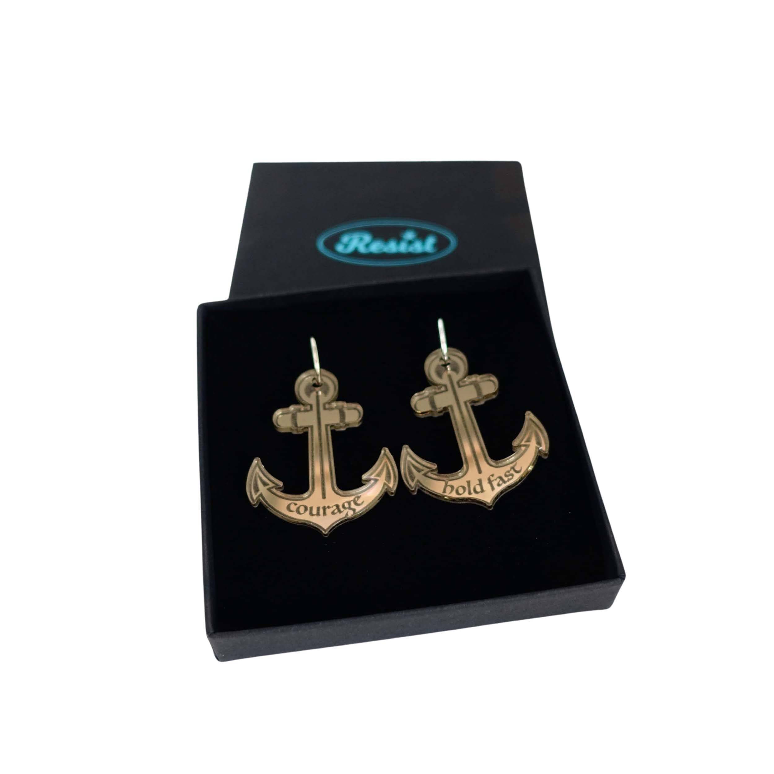 Courage and Hold Fast anchor hoop earrings in bronze mirror, shown in a Wear and Resist gift box.