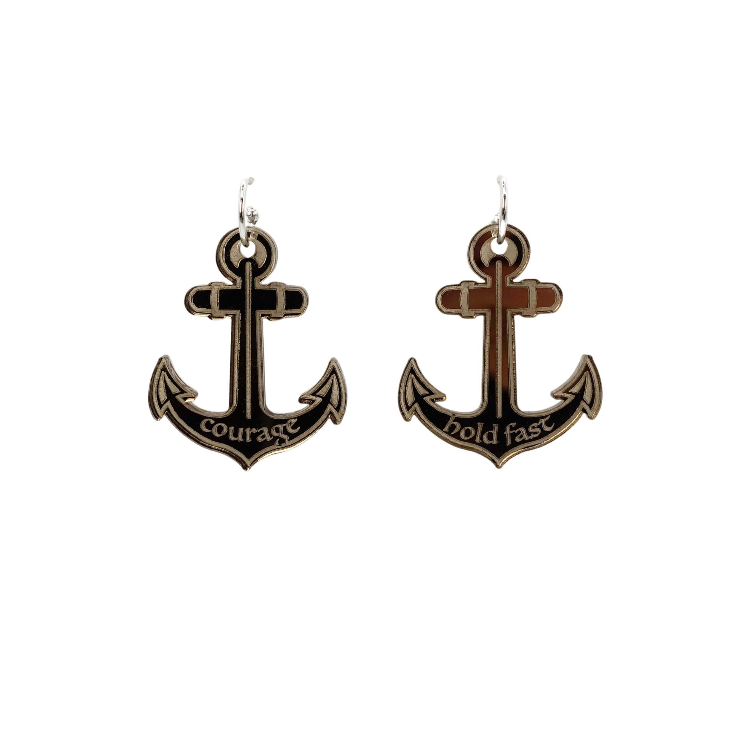 Courage and Hold Fast anchor hoop earrings in bronze mirror. Designed by Sarah Day for Wear and Resist as part of The Courage Collection.