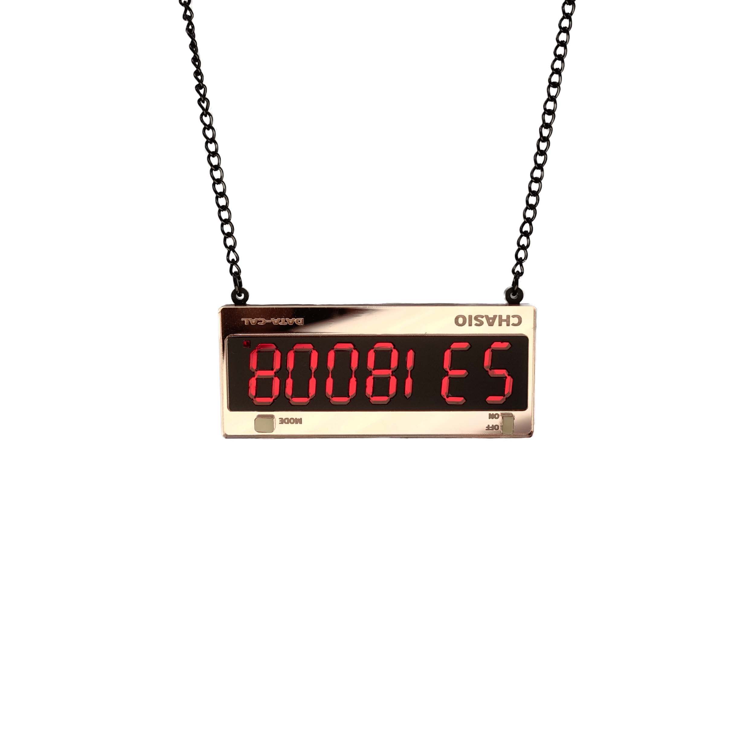 Calculator BOOBIES necklace designed by Sarah Day for Wear and Resist. Cool retro jewellery that no one else has!