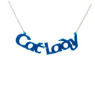 Cat Lady necklace in blue, shown hanging against a white background.