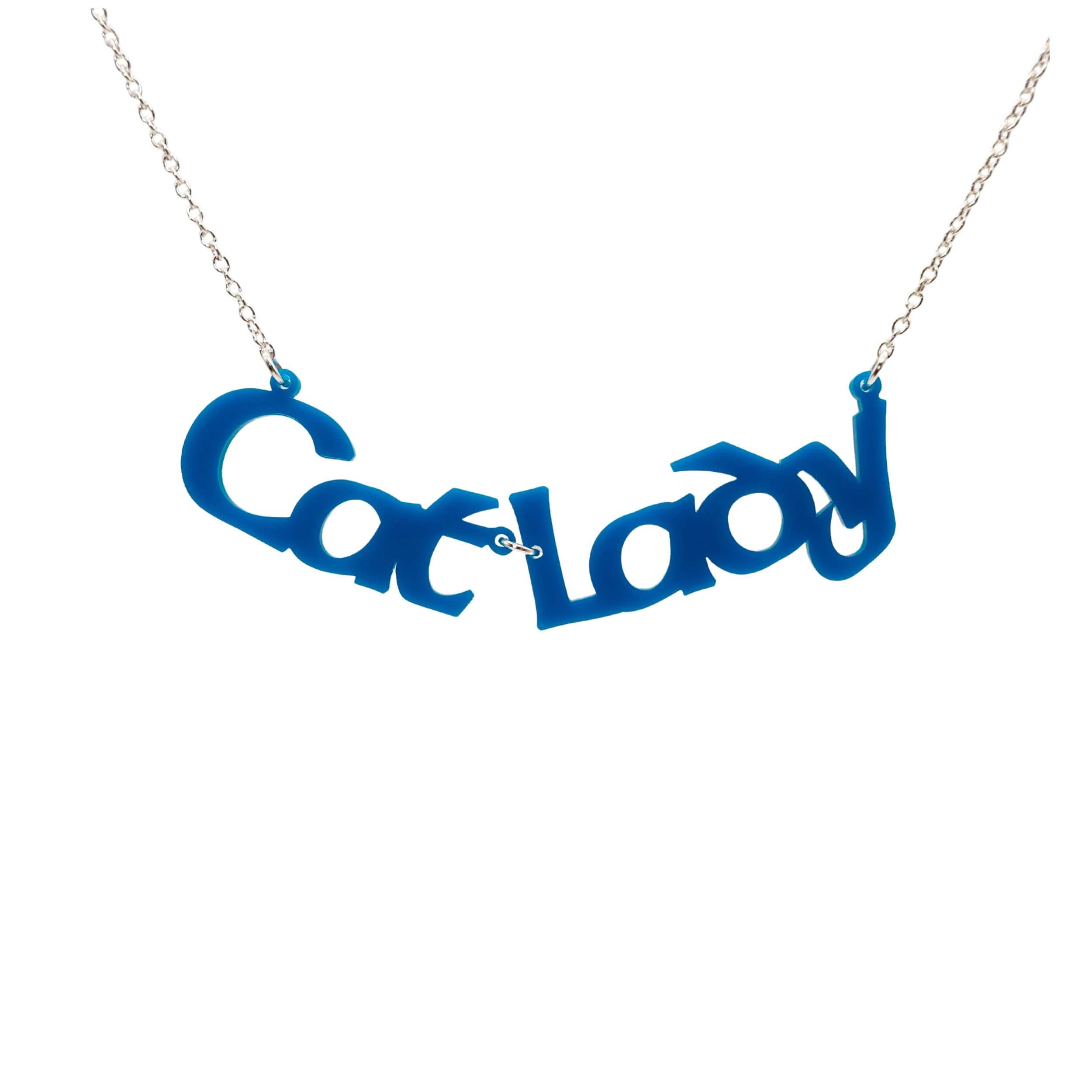 Cat Lady necklace in blue, shown hanging against a white background.