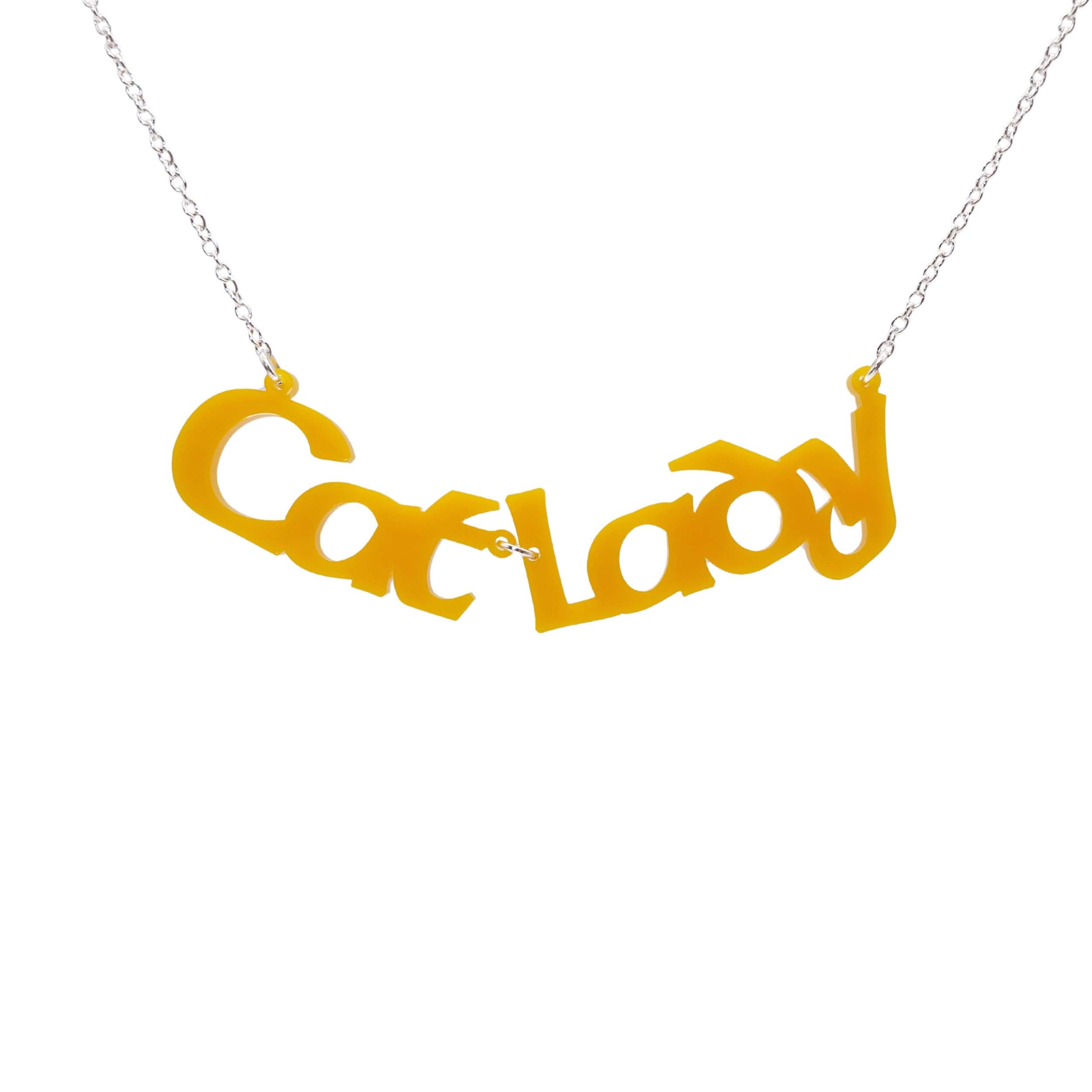 Cat Lady necklace in sunflower yellow, shown hanging against a white background.