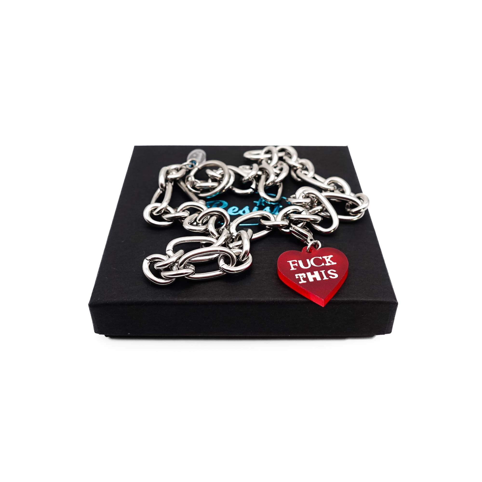 Stainless steel chunky chain charm necklace with a sweary charm on a Wear and Resist gift box.