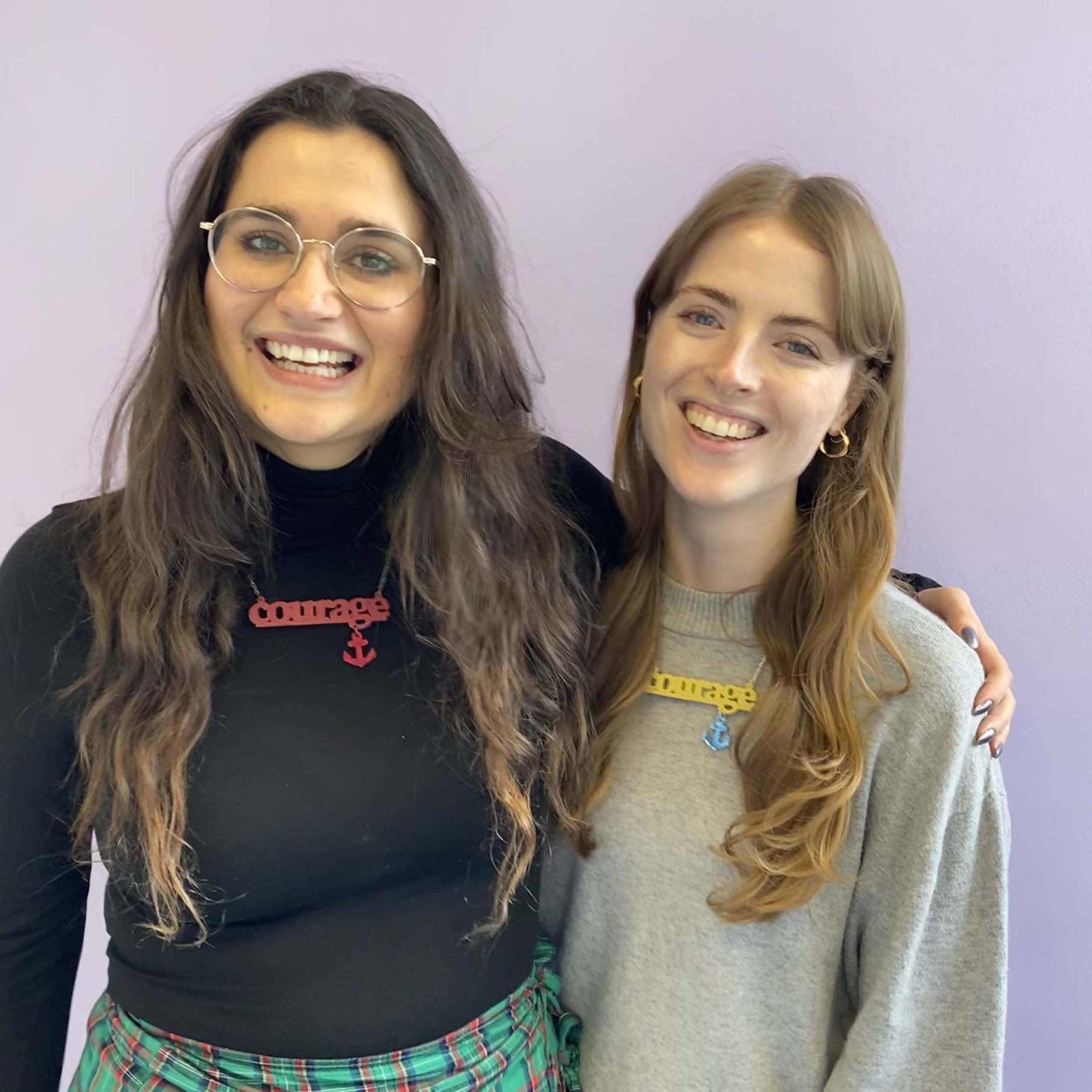 Lilah and Carenza from Women for Refugee Women modelling two Courage necklaces. £2 from everything in The Courage Collection goes to this incredible charity.