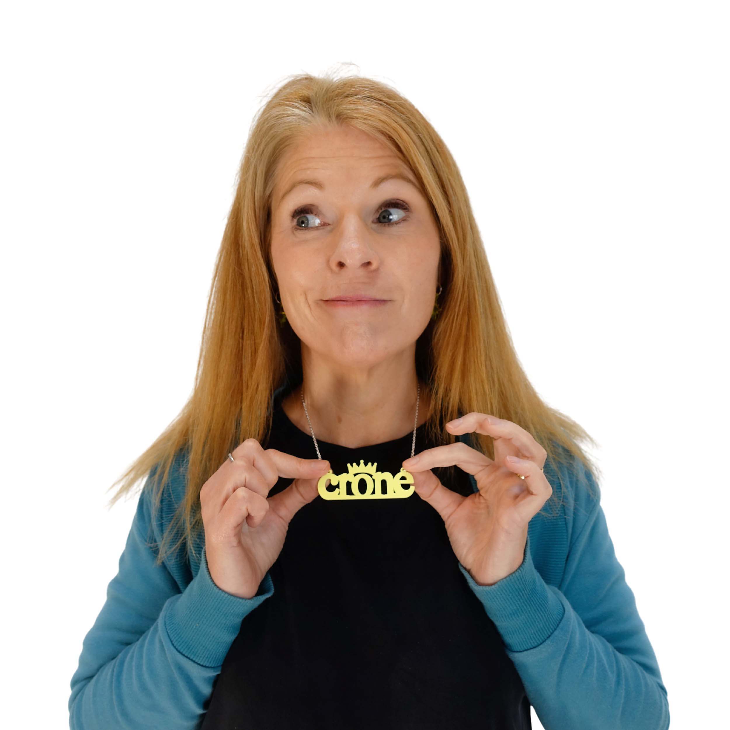 Sarah Day, founder of Wear and Resist, with a Crone necklace in matte iridescent