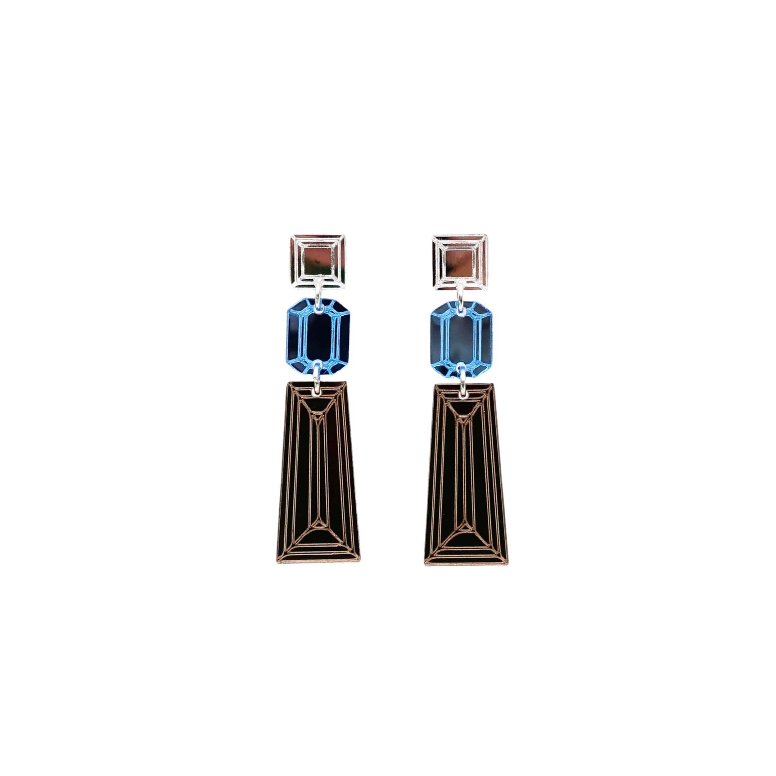 Long Deco drop earrings in bronze, sky and silver mirror, shown hanging against a white background.