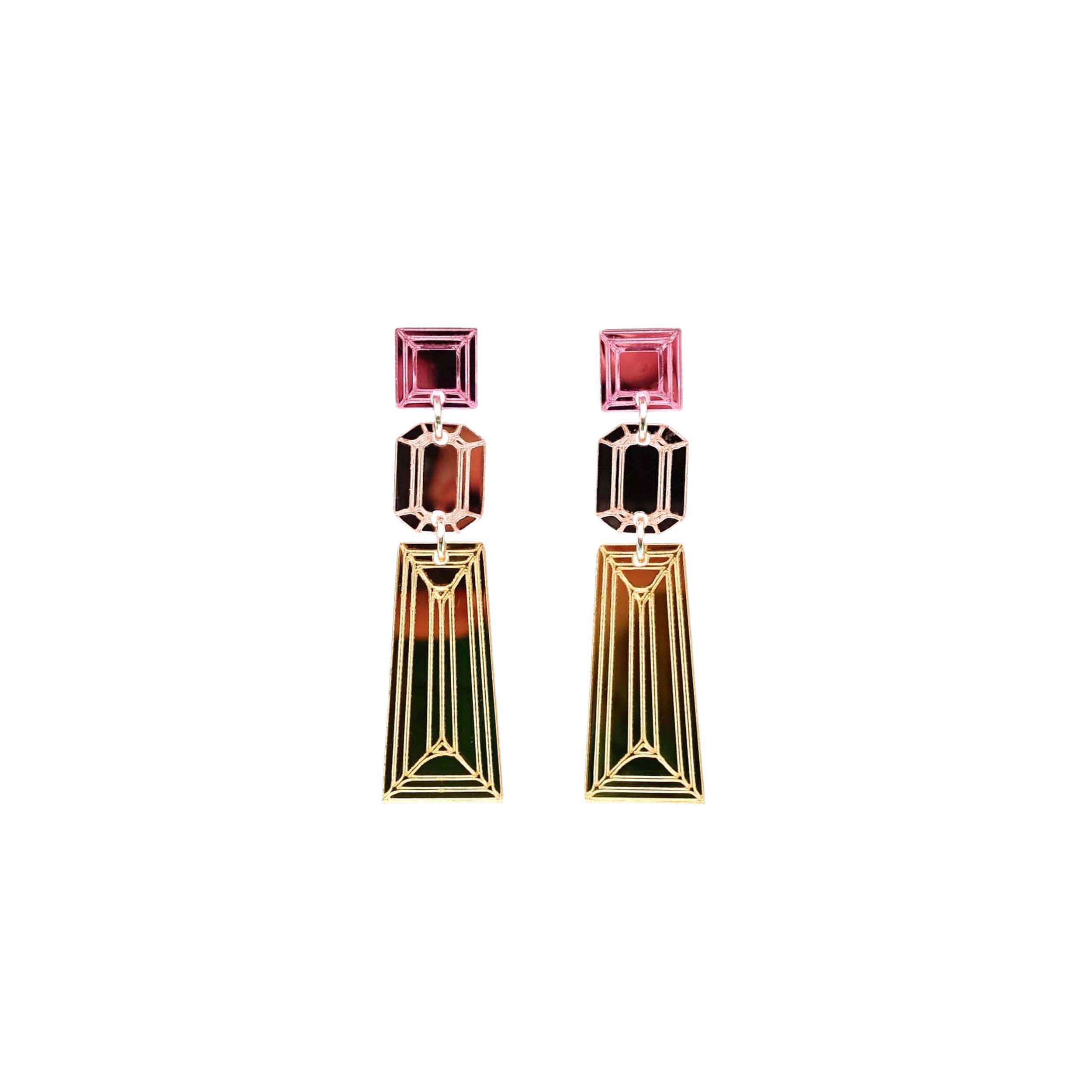 Long Deco drop earrings in gold, rose gold and pink mirror, shown hanging against a white background. 
