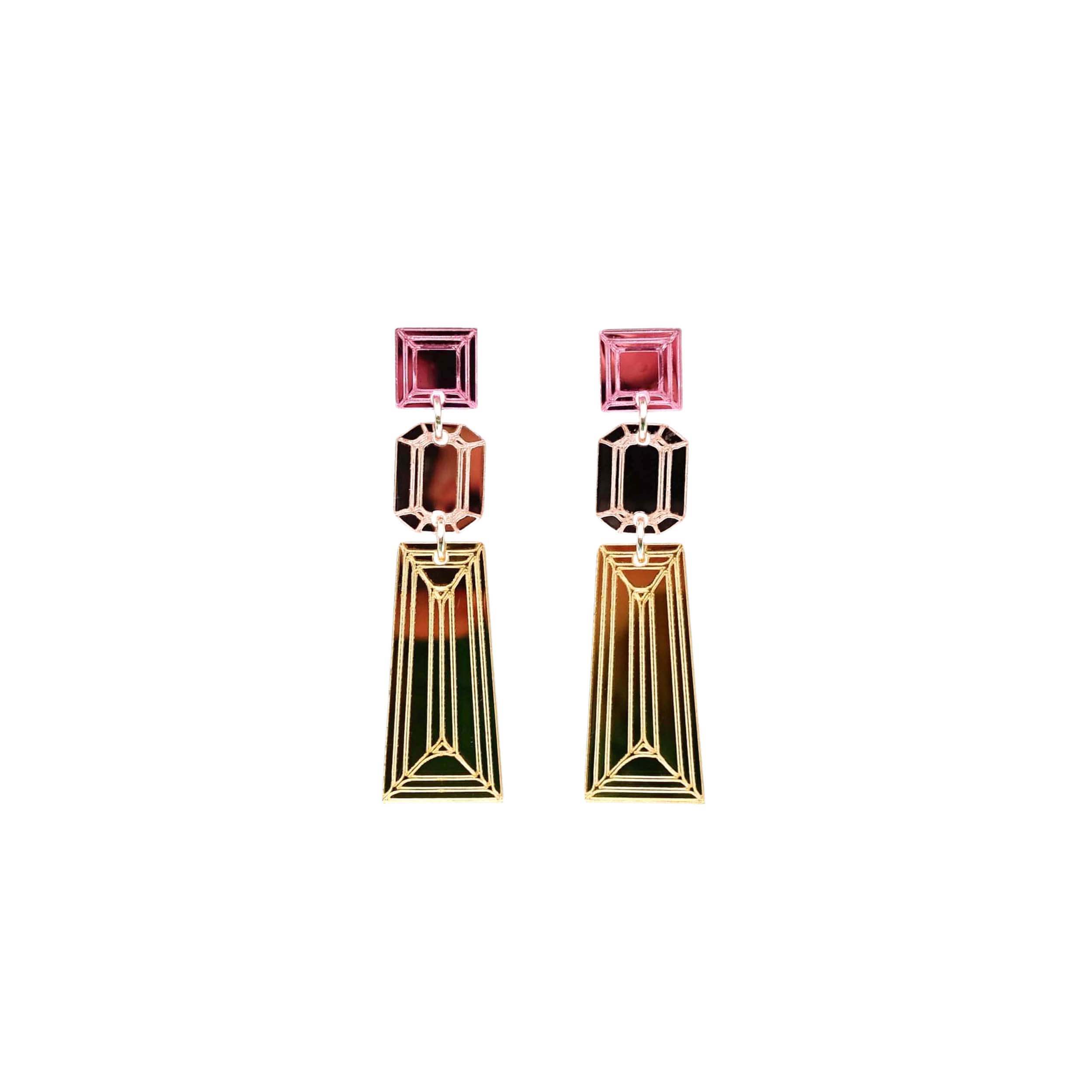 Long Deco drop earrings in gold, rose gold and pink mirror, shown hanging against a white background.