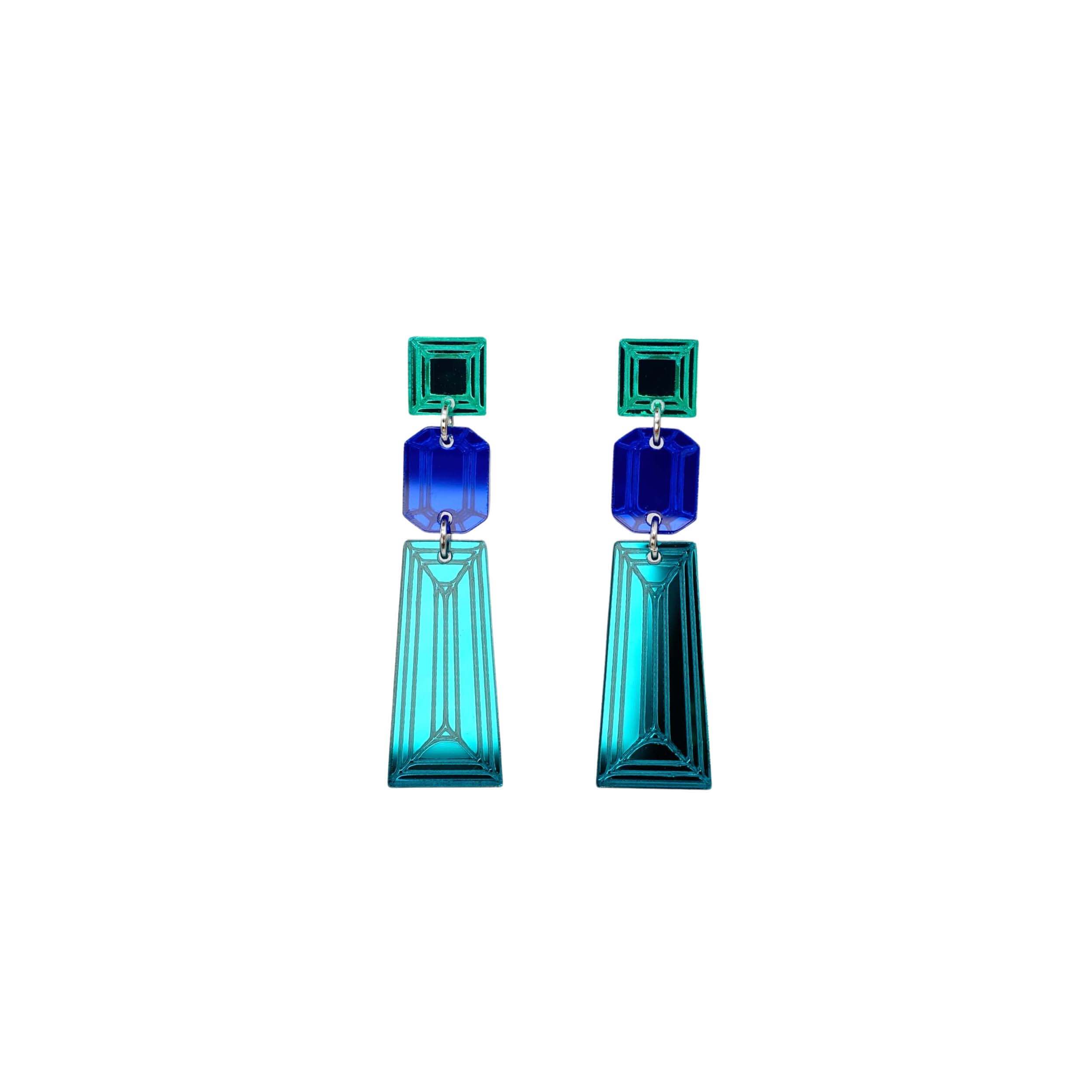 Long Deco drop earrings in teal, electric blue and electric green, shown hanging against a white background. 