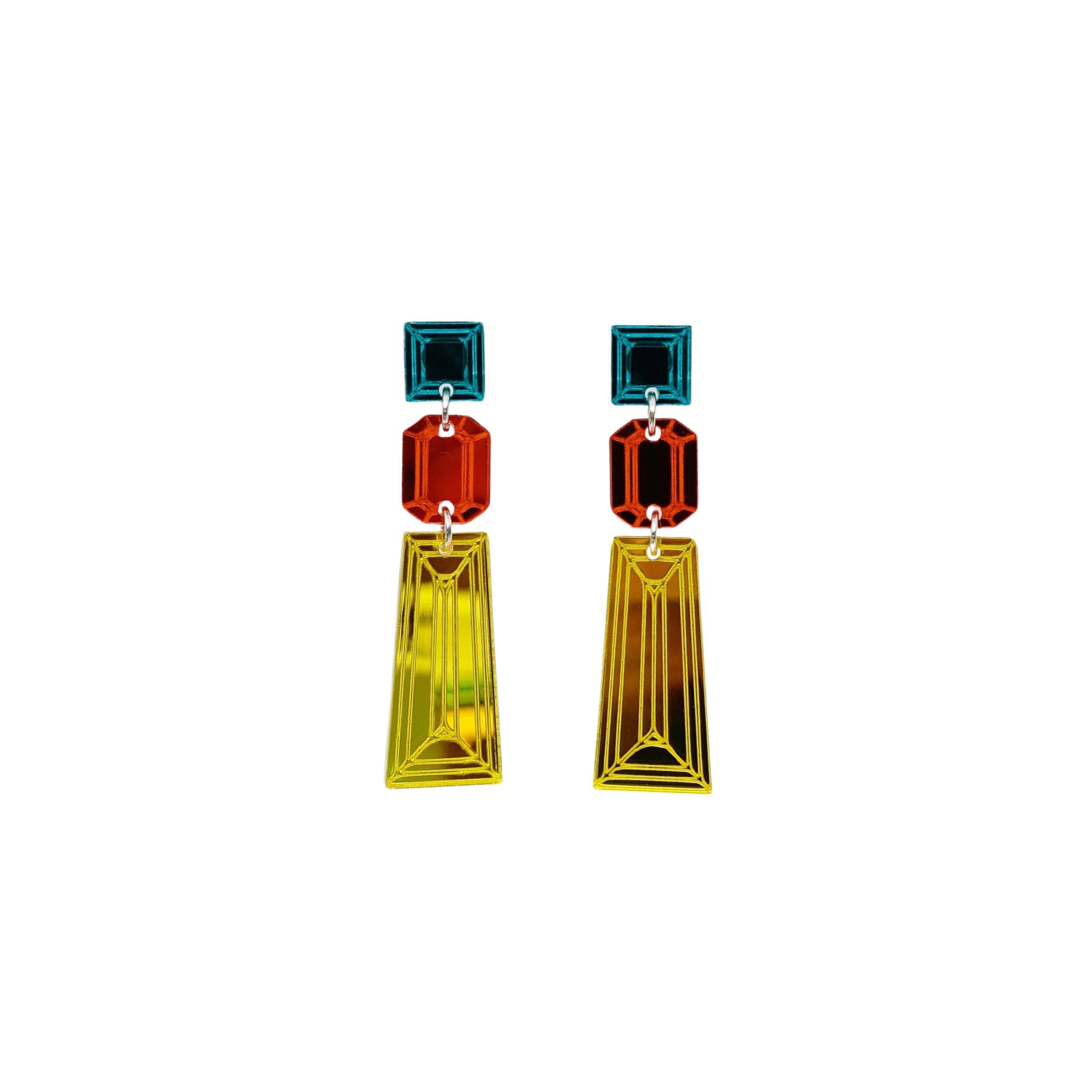 Long Deco drop earrings in yellow, flame and teal, shown hanging against a white background. 