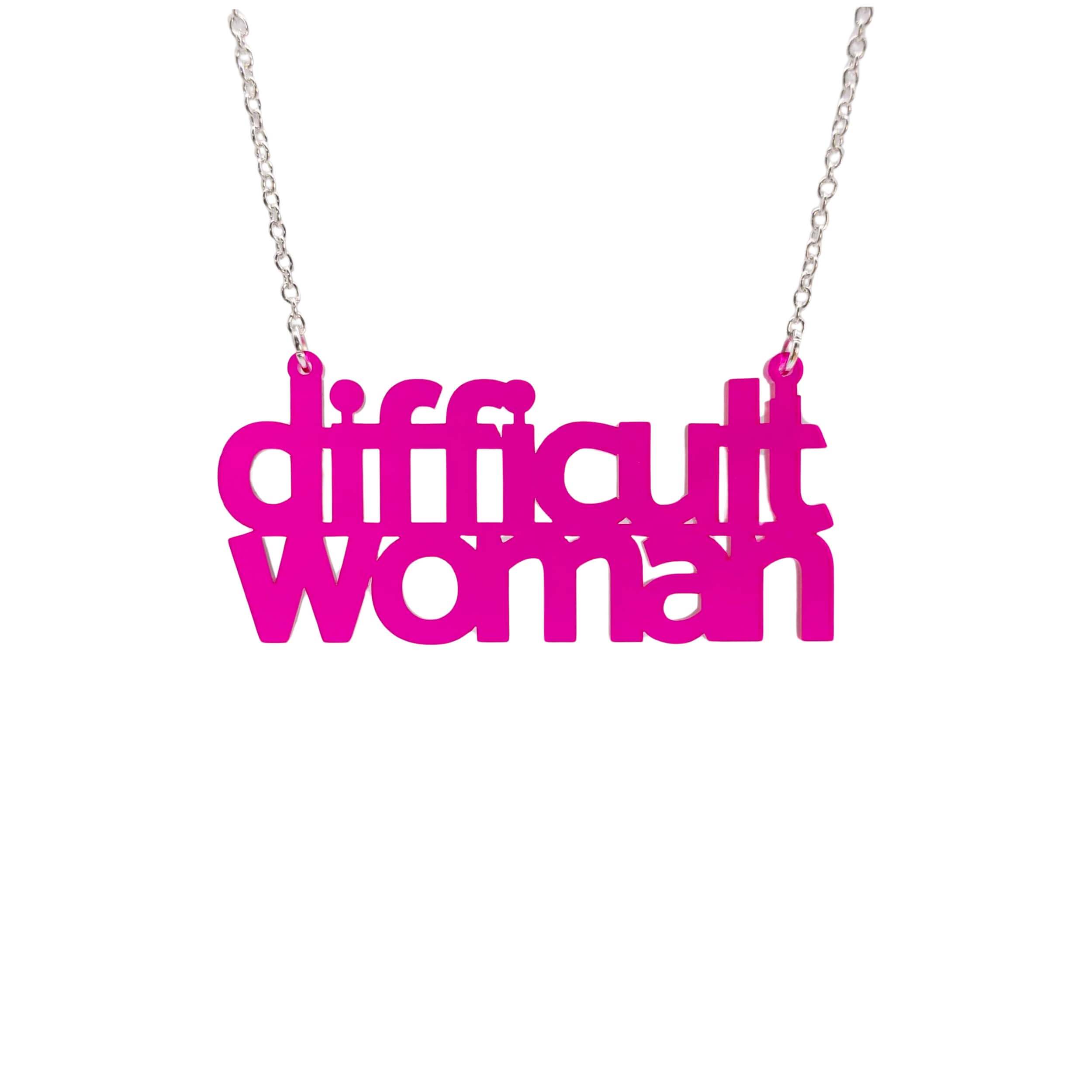 Difficult Woman necklace in transparent neon pink, shown hanging against a white background.