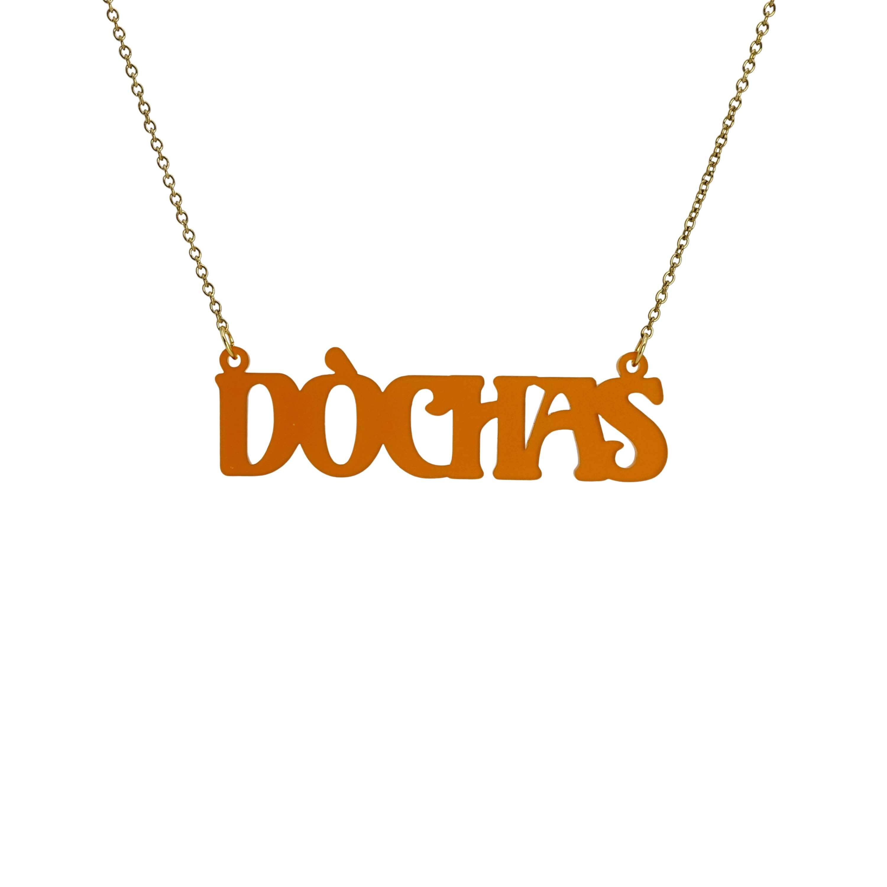 DÒCHAS Irish Gaelige hope necklace in cider frost, shown hanging on an antique gold chain.