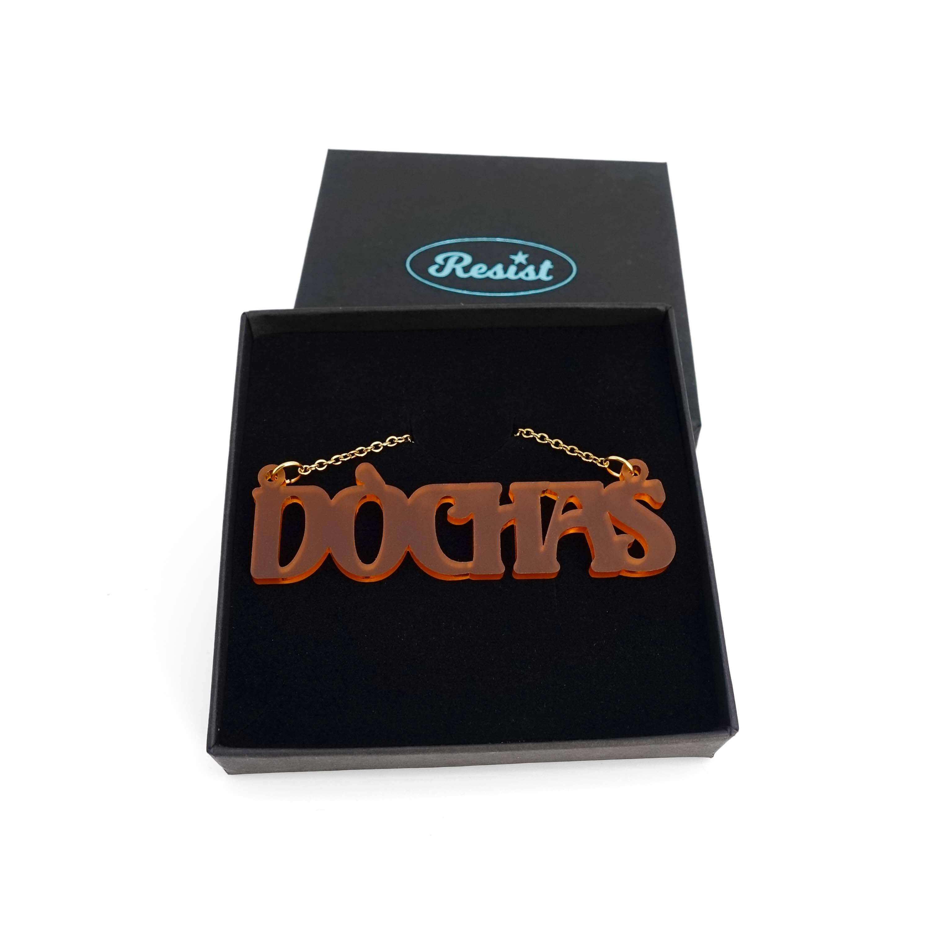 DÒCHAS Irish Gaelige hope necklace in cider frost, shown in a Wear & Resist gift box.