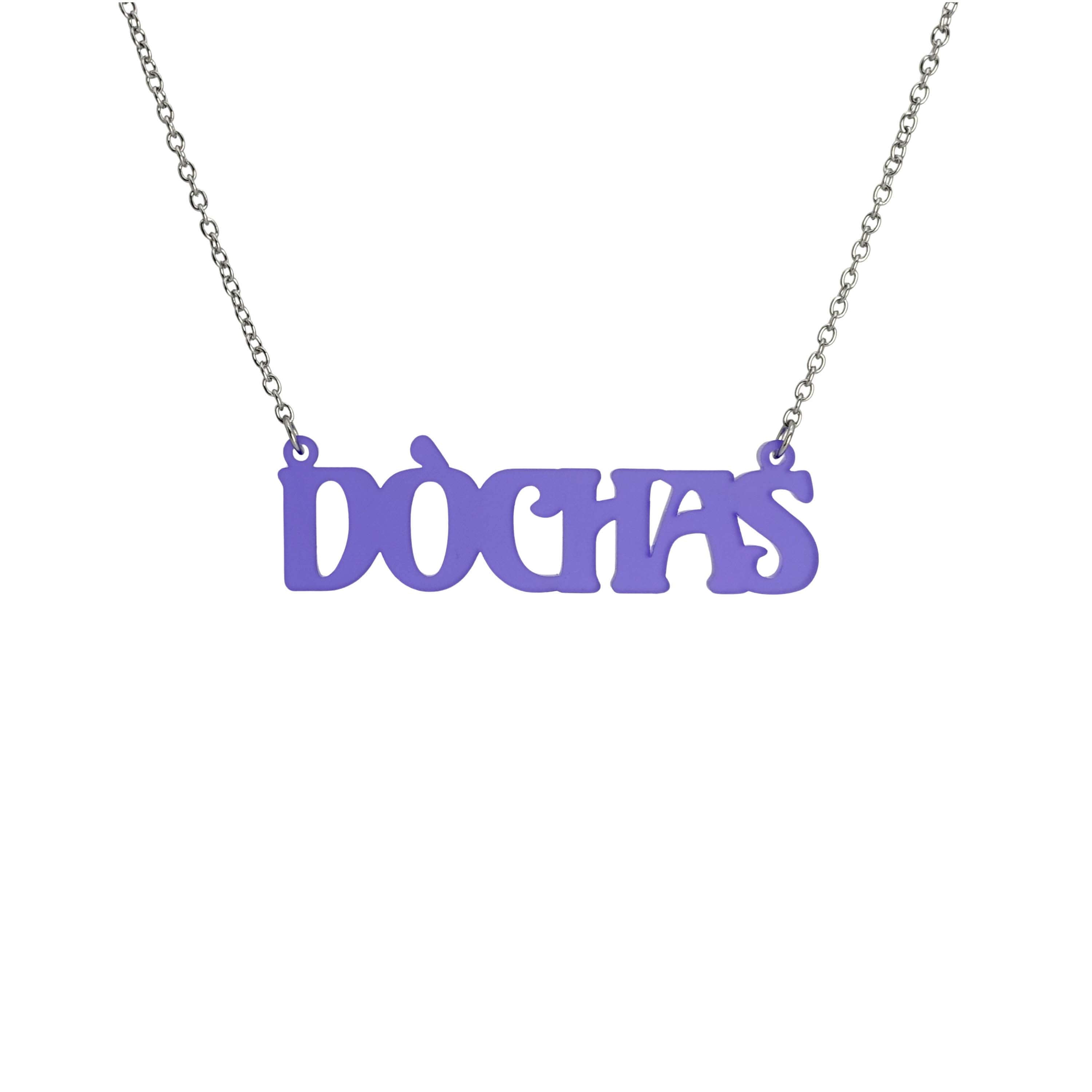 DÒCHAS Irish Gaelige hope necklace in violet frost, shown hanging on a stainless steel chain.
