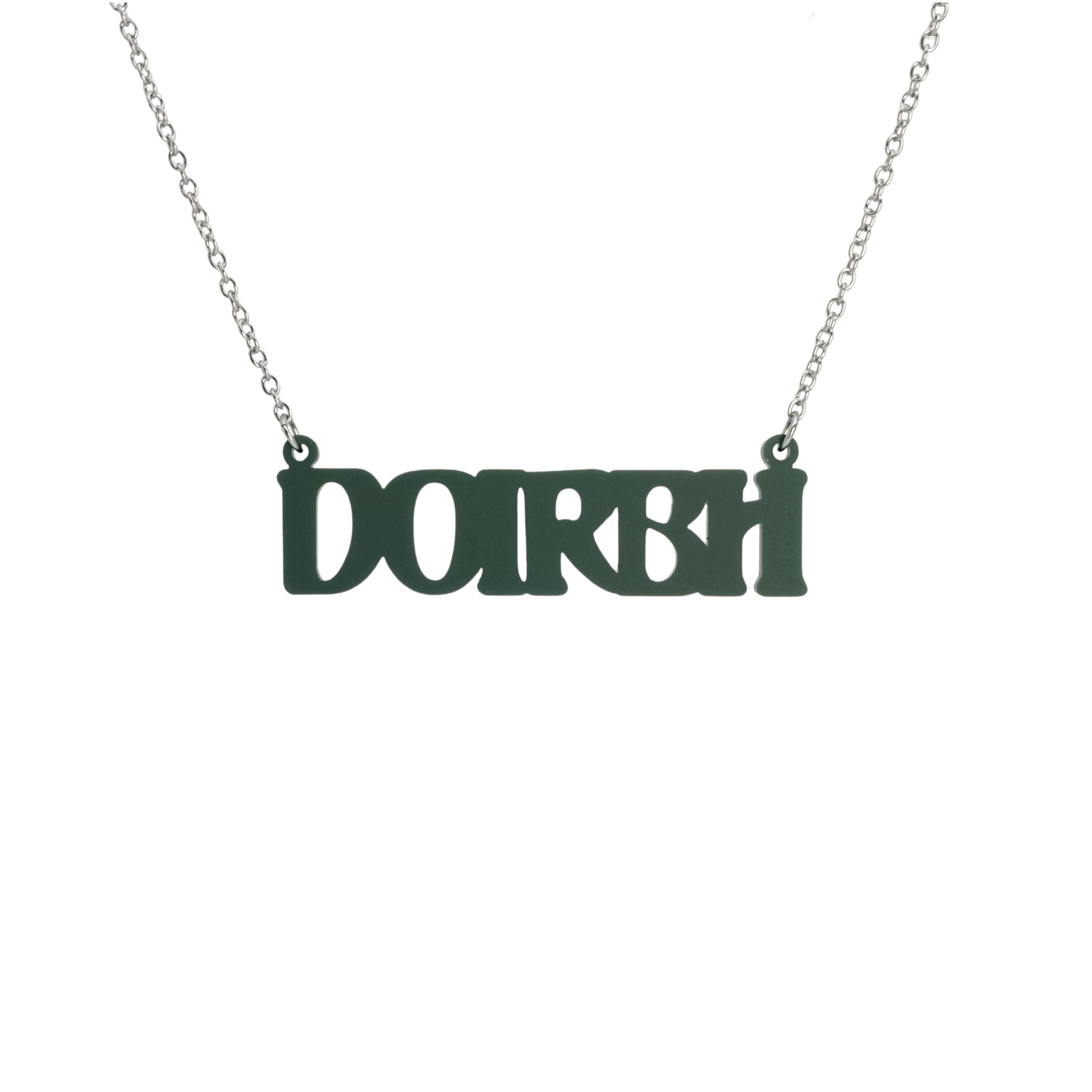 DOIRBH Gaelige necklace for Irish difficult women in matte moss, shown hanging on a stainless steel chain.