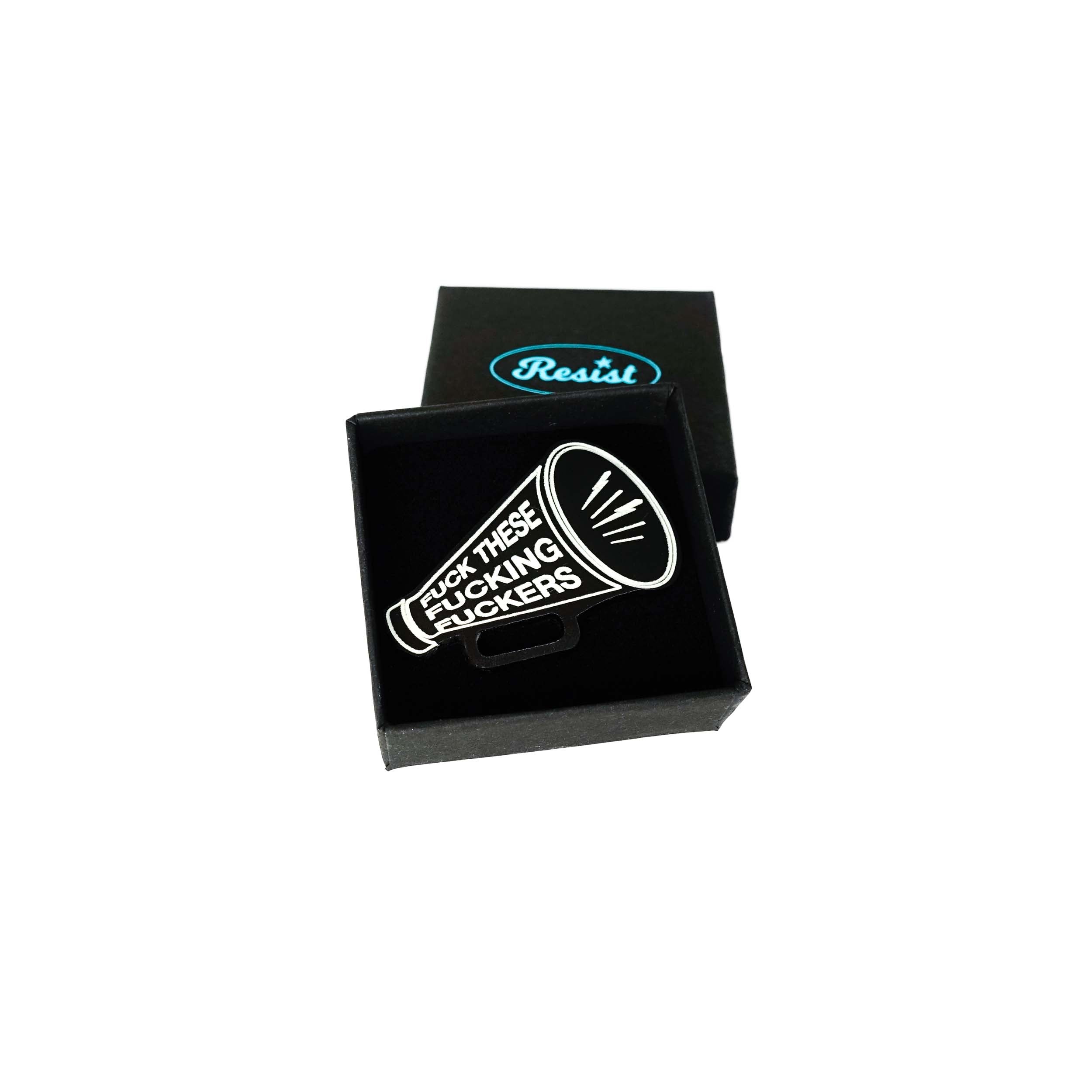 F*ck these F*cking F*ckers Megaphone brooch, shown in a small Wear and Resist gift box.