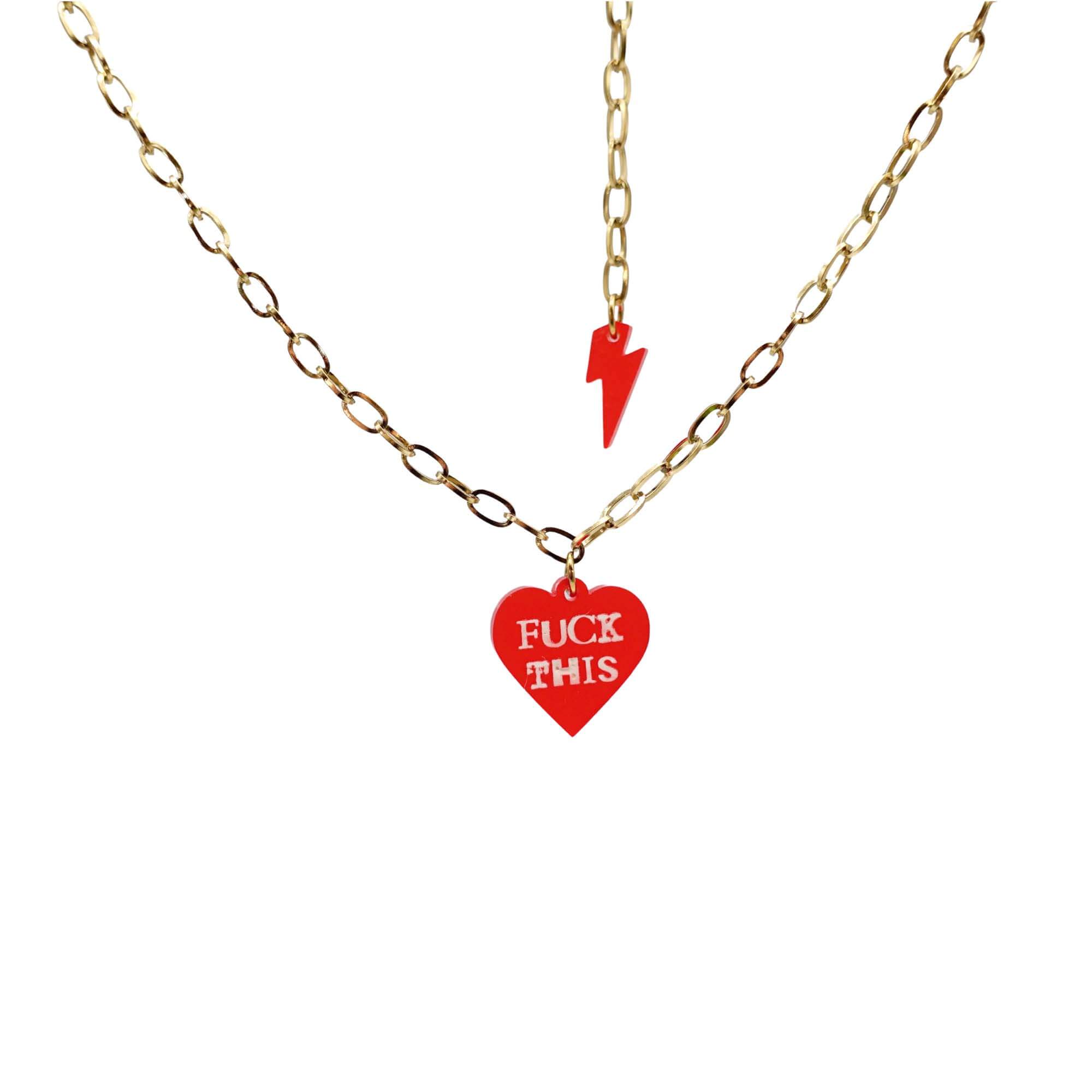 F*ck This punk necklace in chilli red with matching lightning bolt on a gold stainless steel chain.