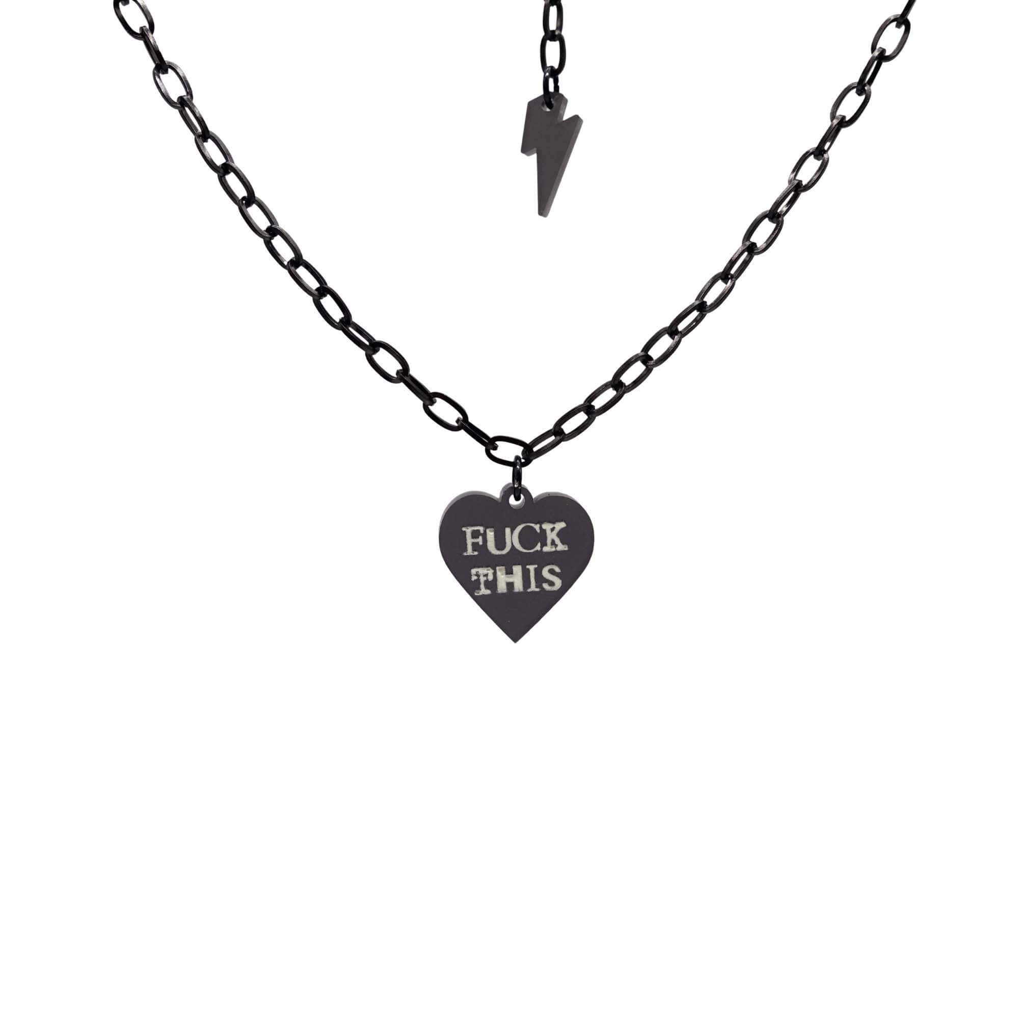 F*ck This punk necklace in slate frost with matching lightning bolt on a black stainless steel chain.