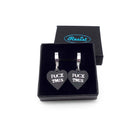 Slate frost F*ck This huggie hoop earrings shown in a small Wear and Resist gift box.