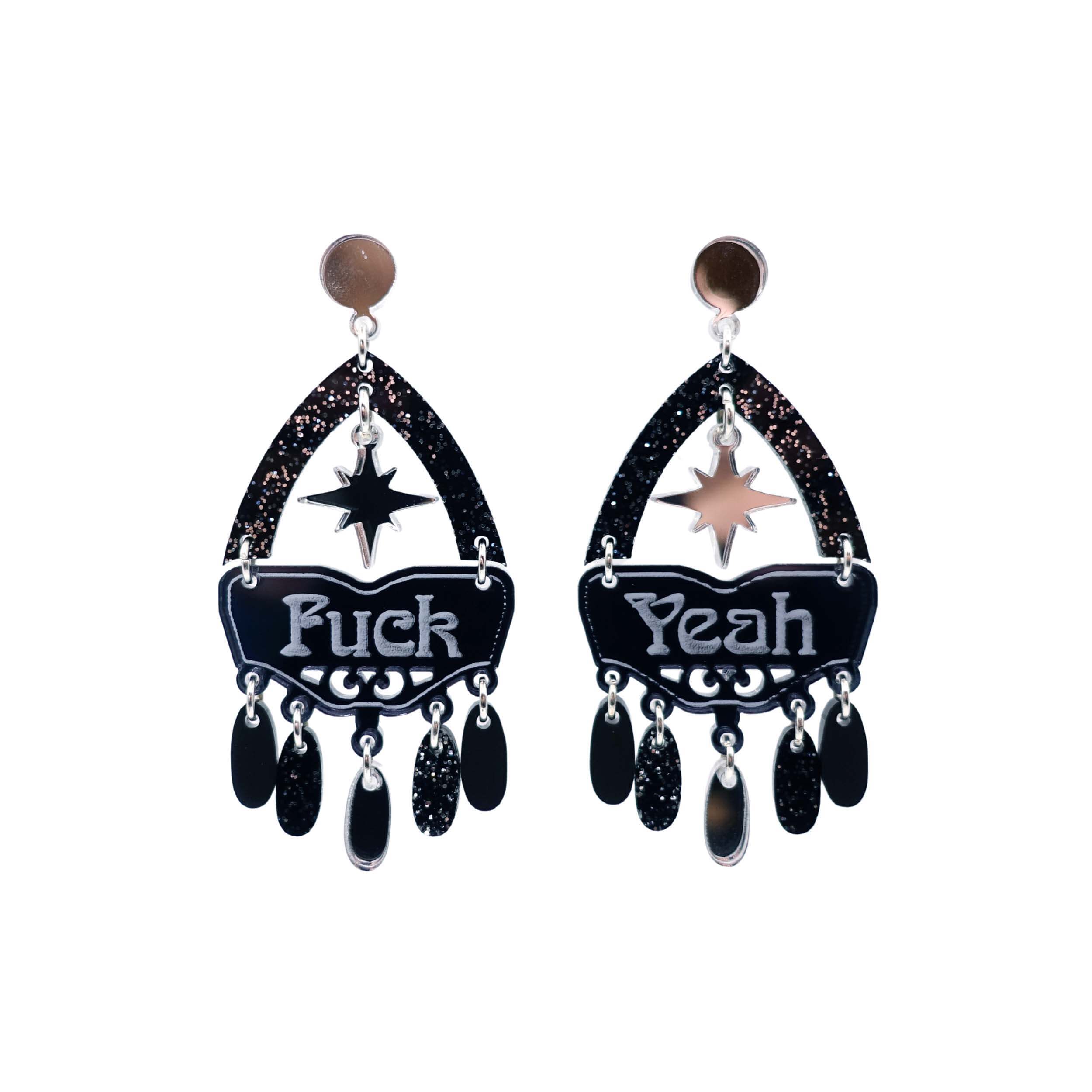 F*ck Yeah earrings in midnight colourway, shown hanging against a white background.