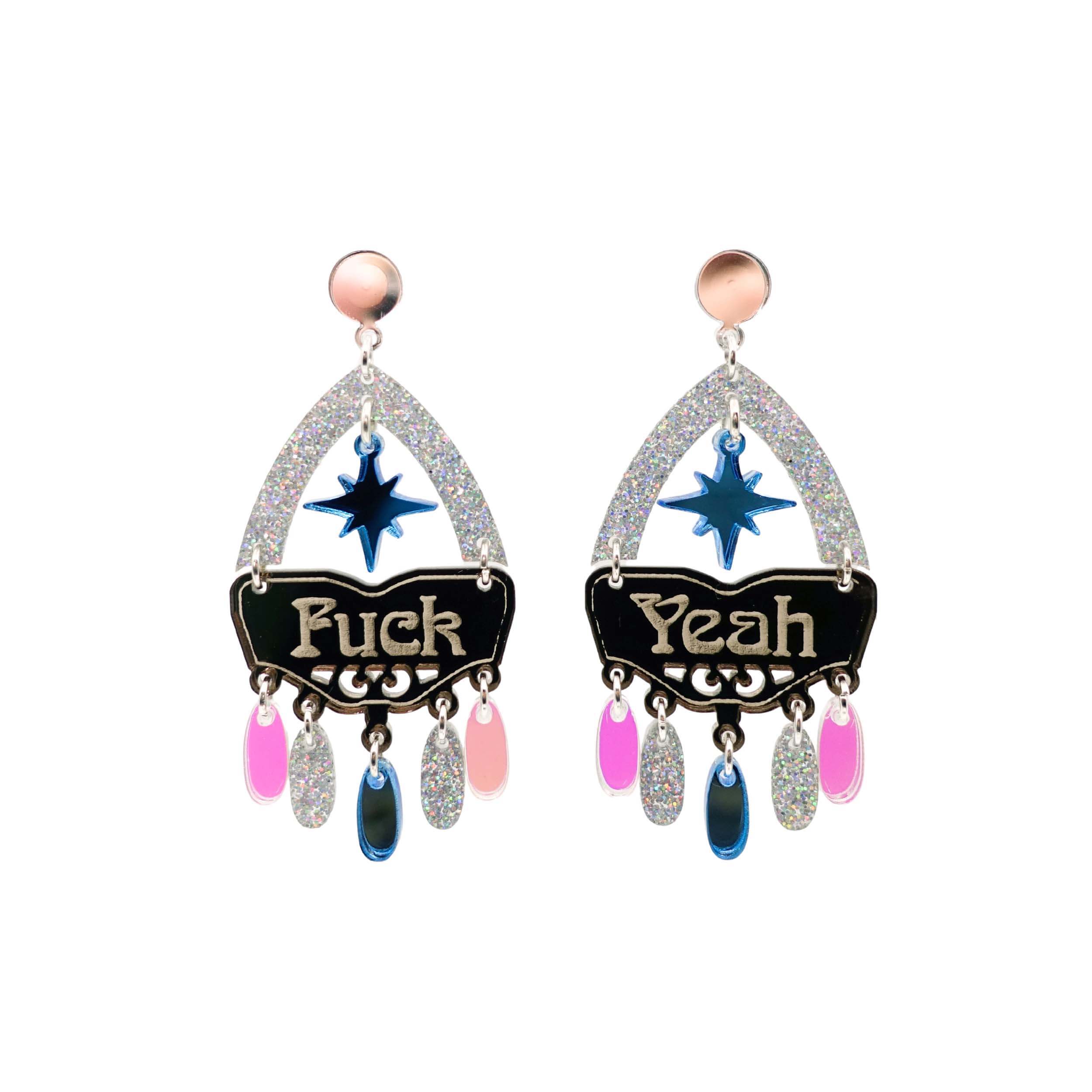 F*ck Yeah statement earrings in sky cowgirl colourway, shown hanging against a white background.