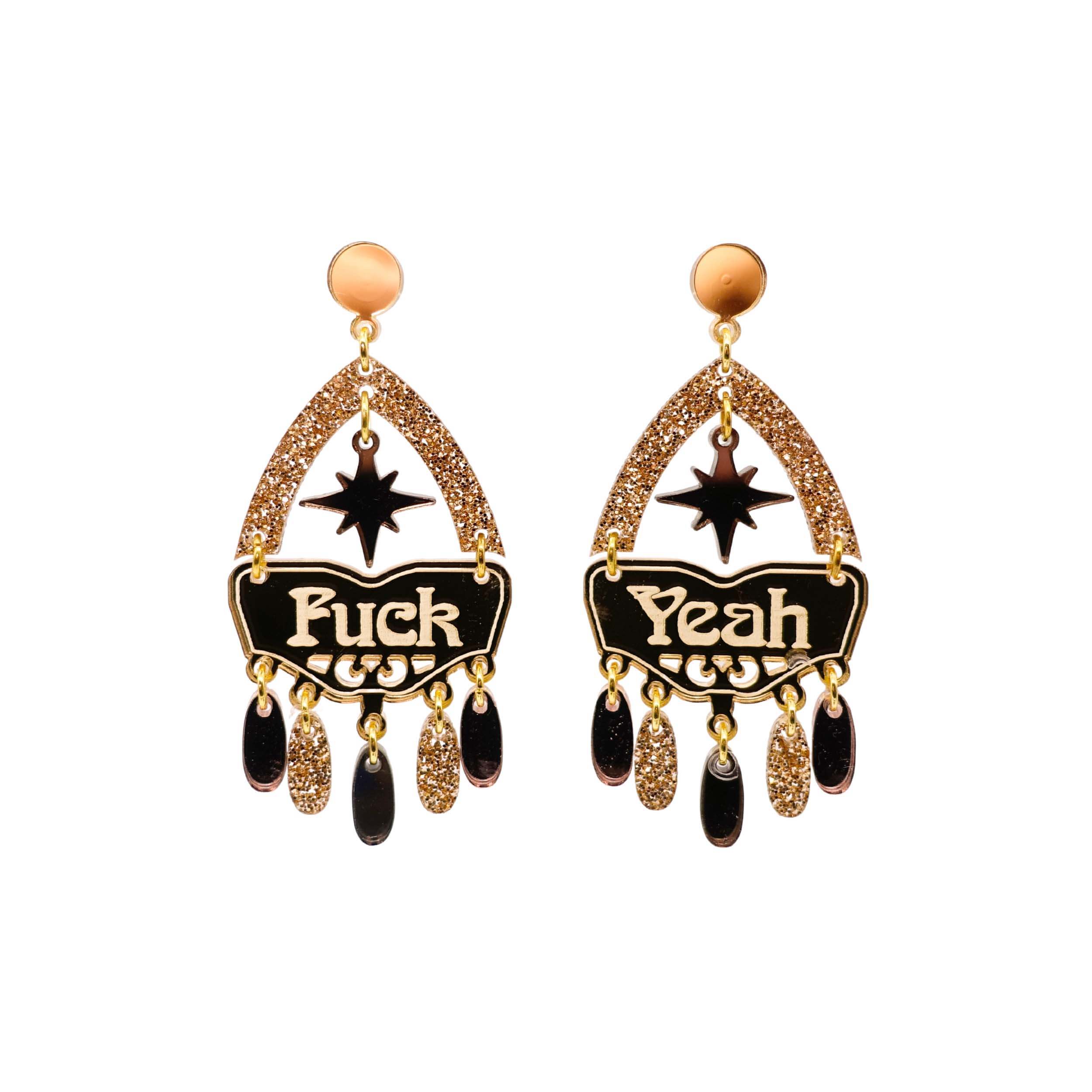 F*ck Yeah statement earrings in golden colourway, shown hanging against a white background.