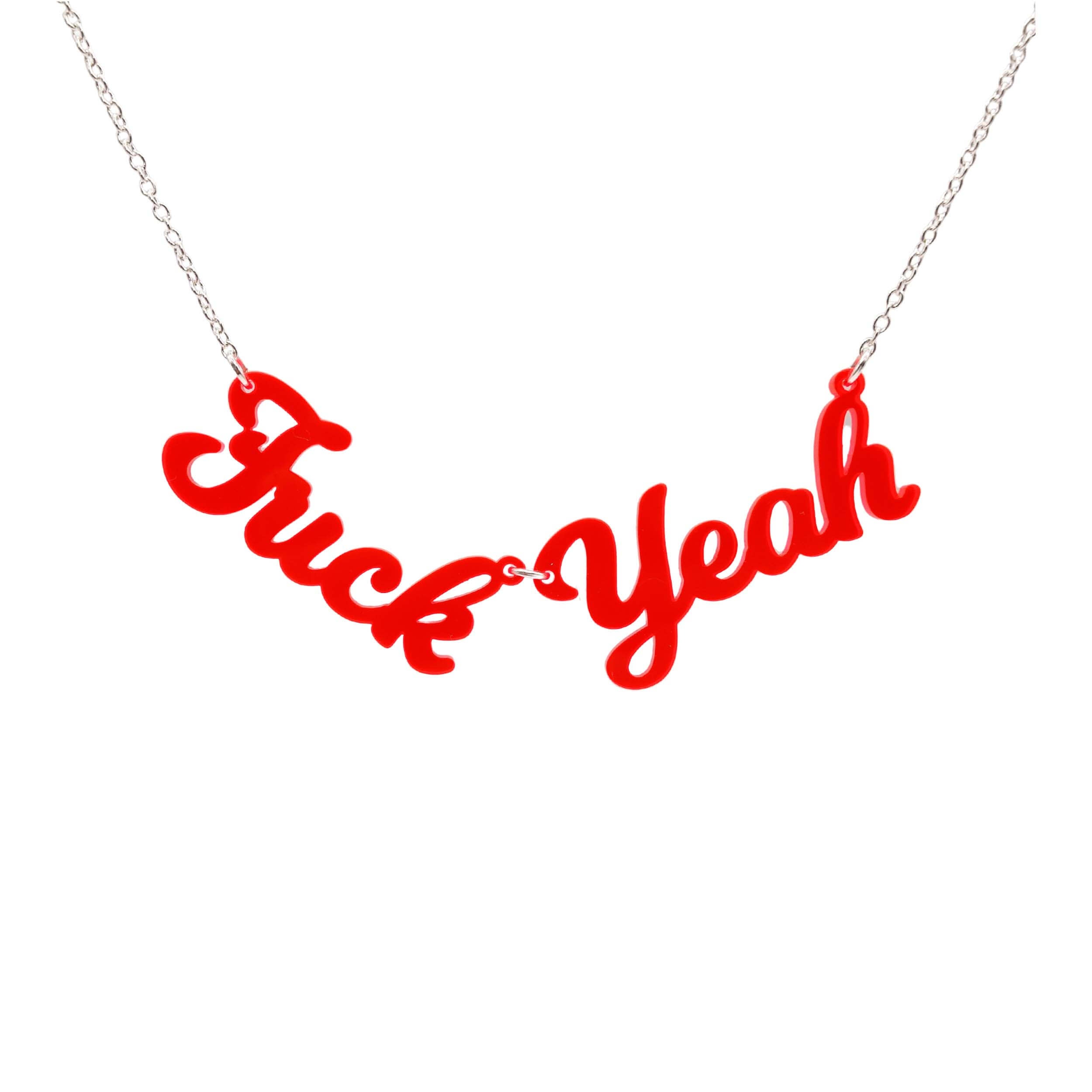 F*ck Yeah necklace in clear hot red, shown hanging against a white background.